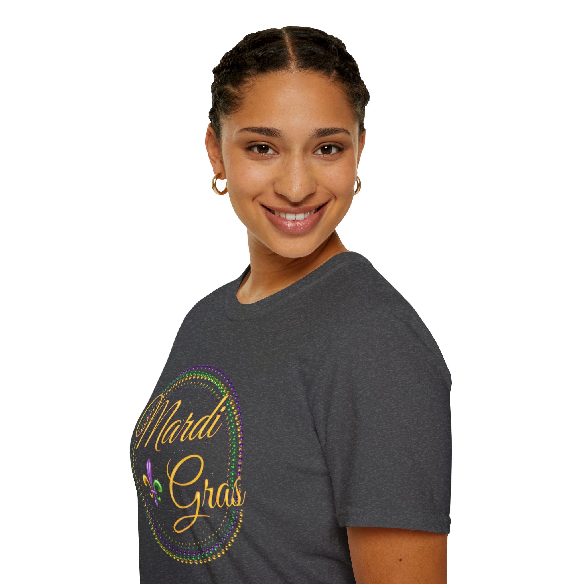 Mardi Gras T-Shirt — Purple Green Gold Beaded Fleur-de-Lis Celebration Tee