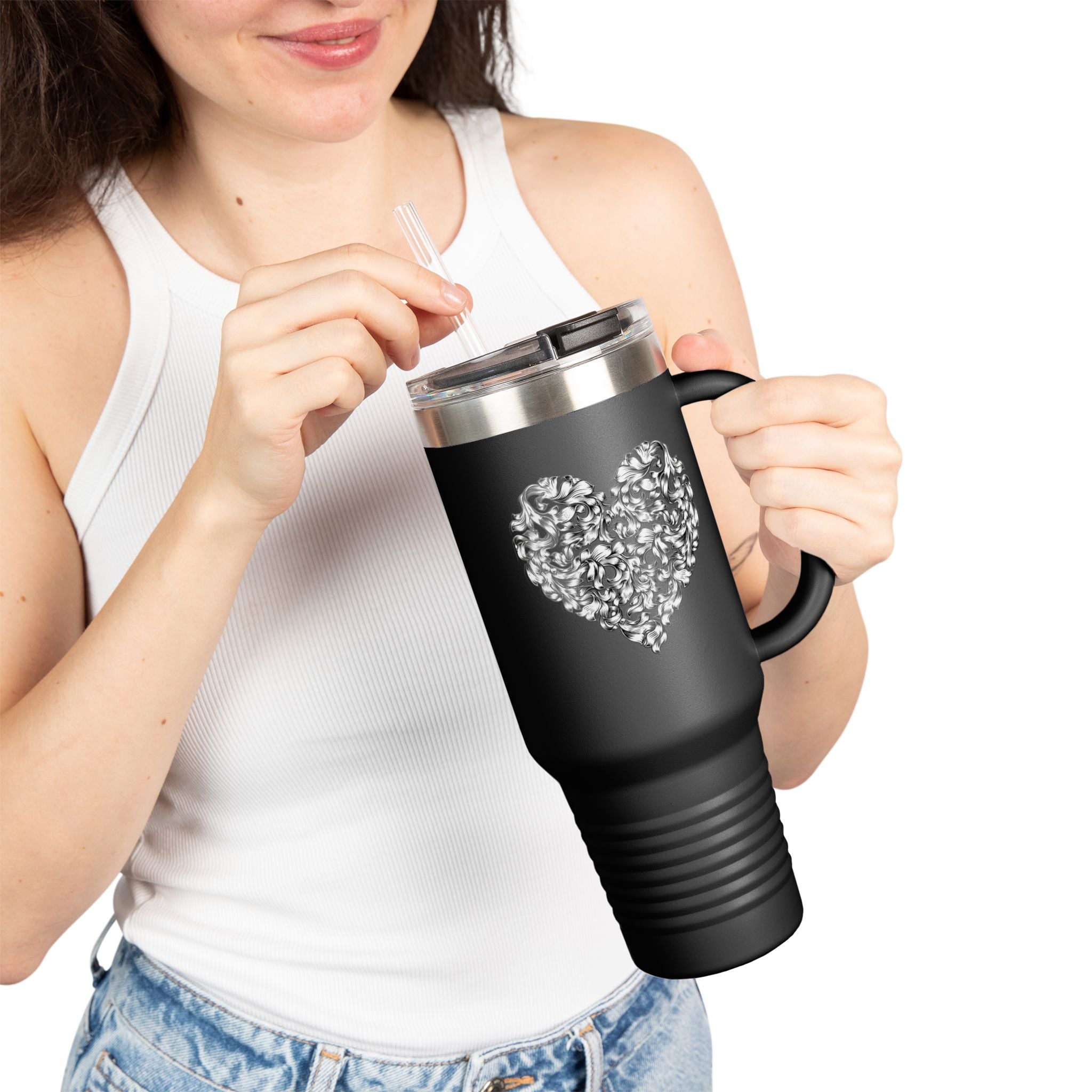 40oz Insulated Travel Mug — Silver Doodle Heart Design
