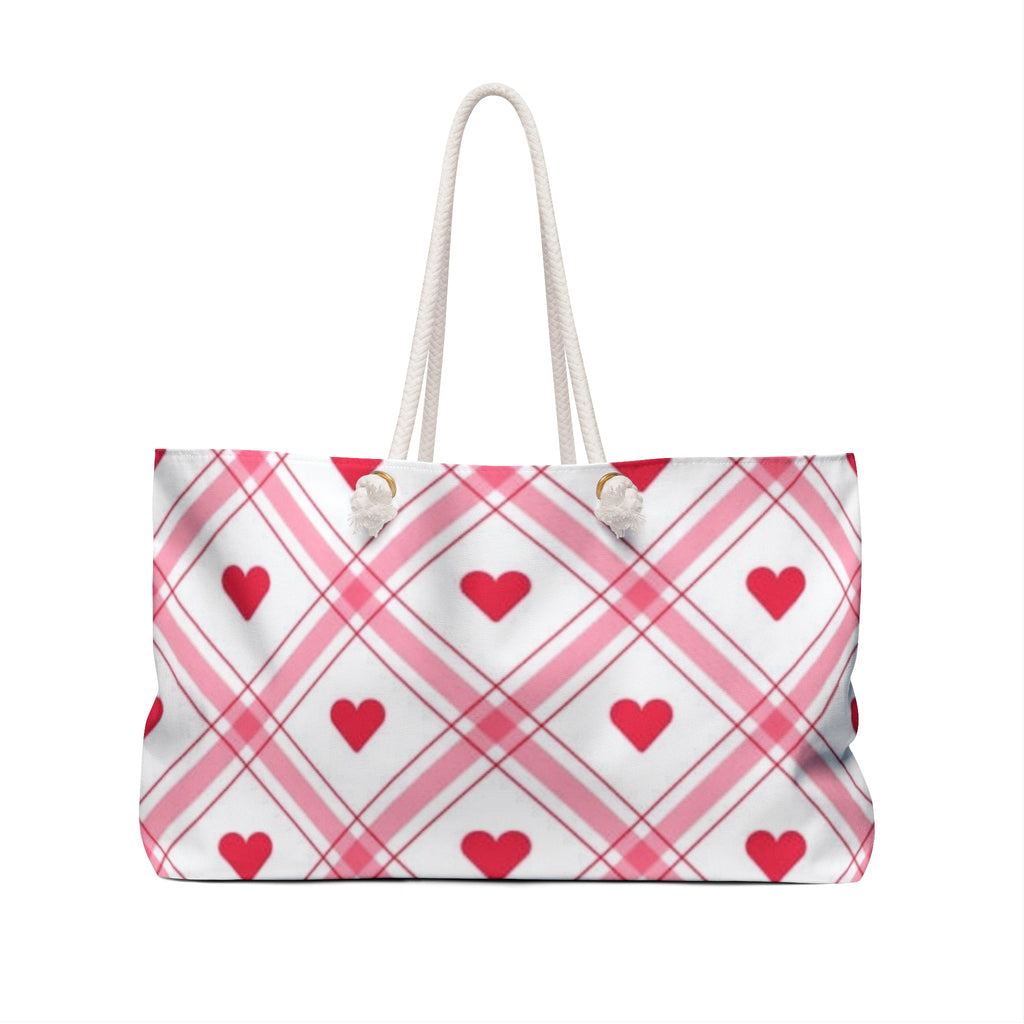 Heart Plaid Weekender Bag – Pink Red Travel Tote for Valentine’s Day