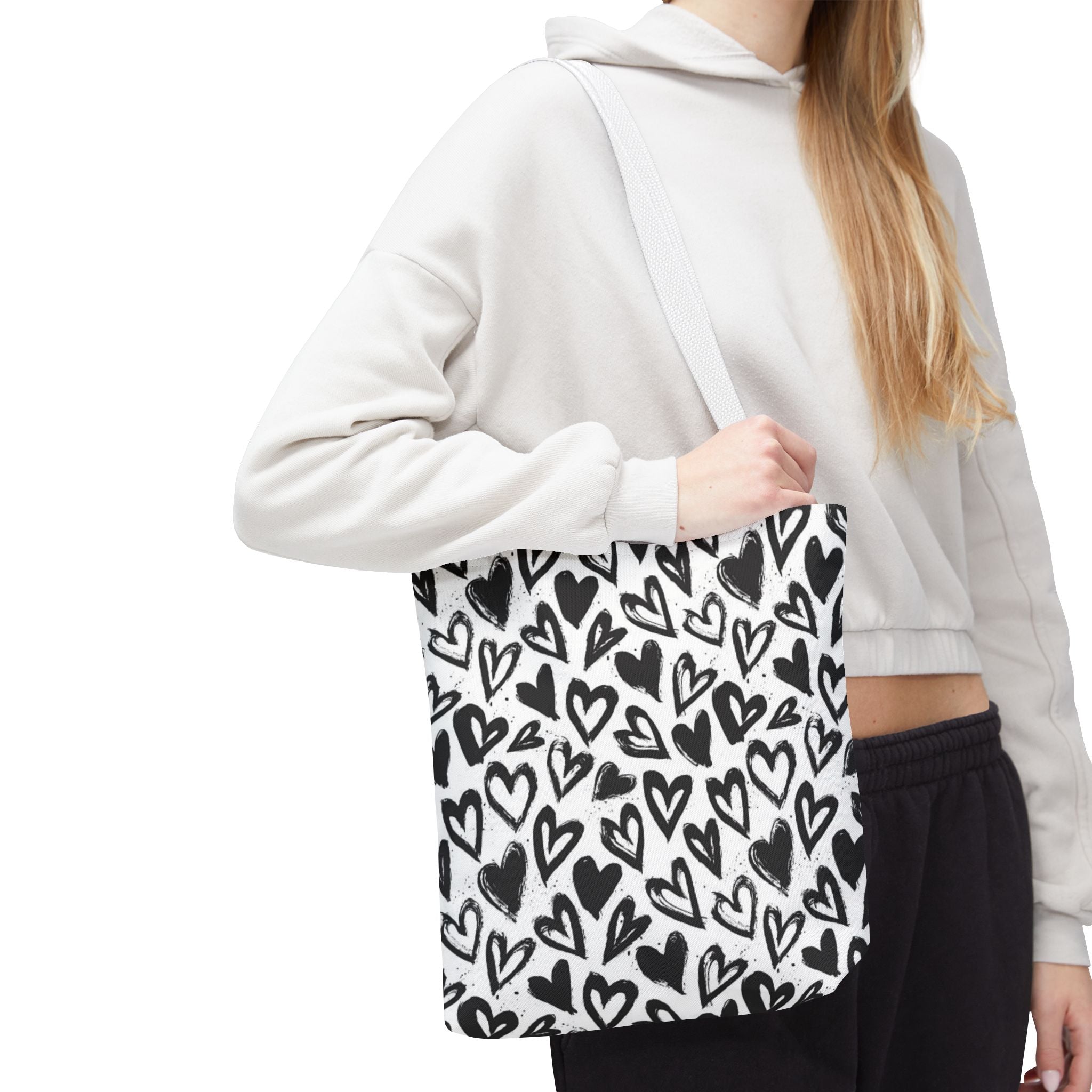 Heart Pattern Tote Bag — Black & White Hand-Drawn Hearts All-Over Print