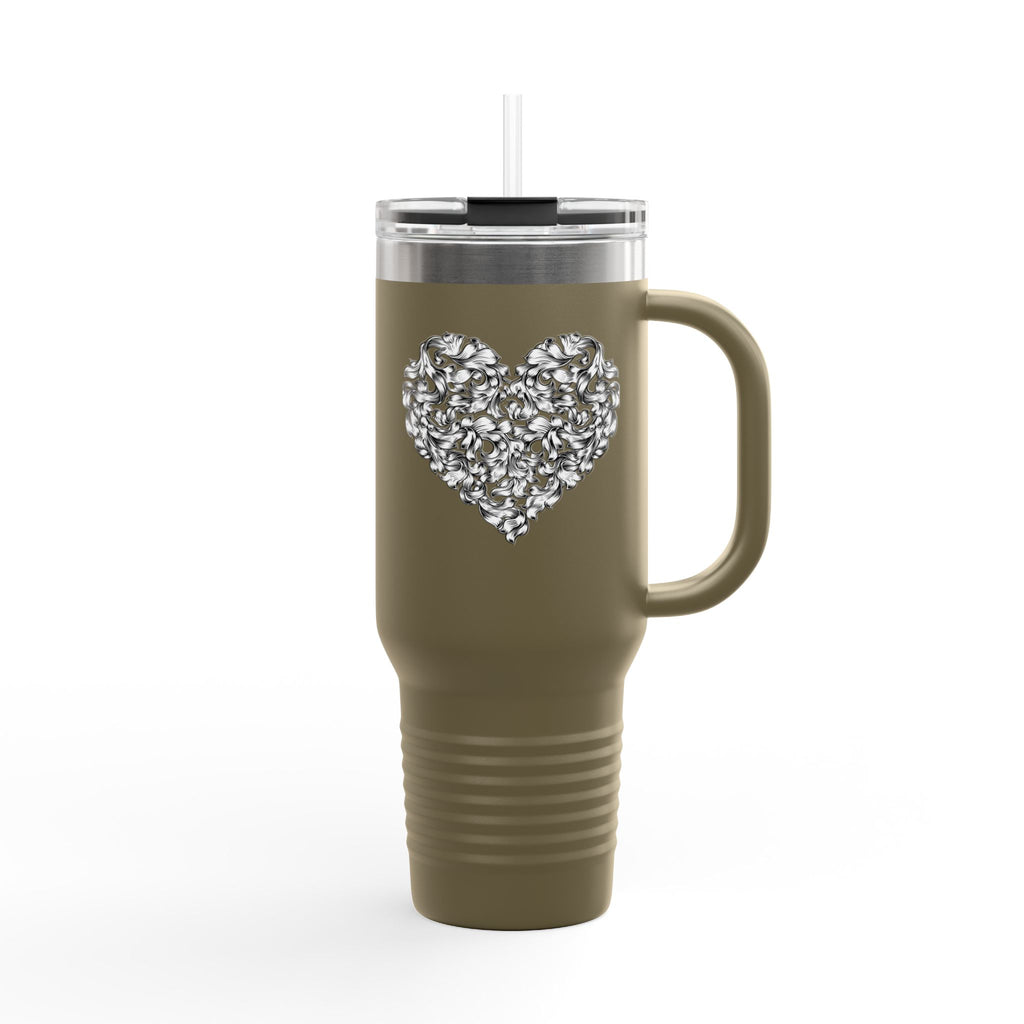 40oz Insulated Travel Mug — Silver Doodle Heart Design