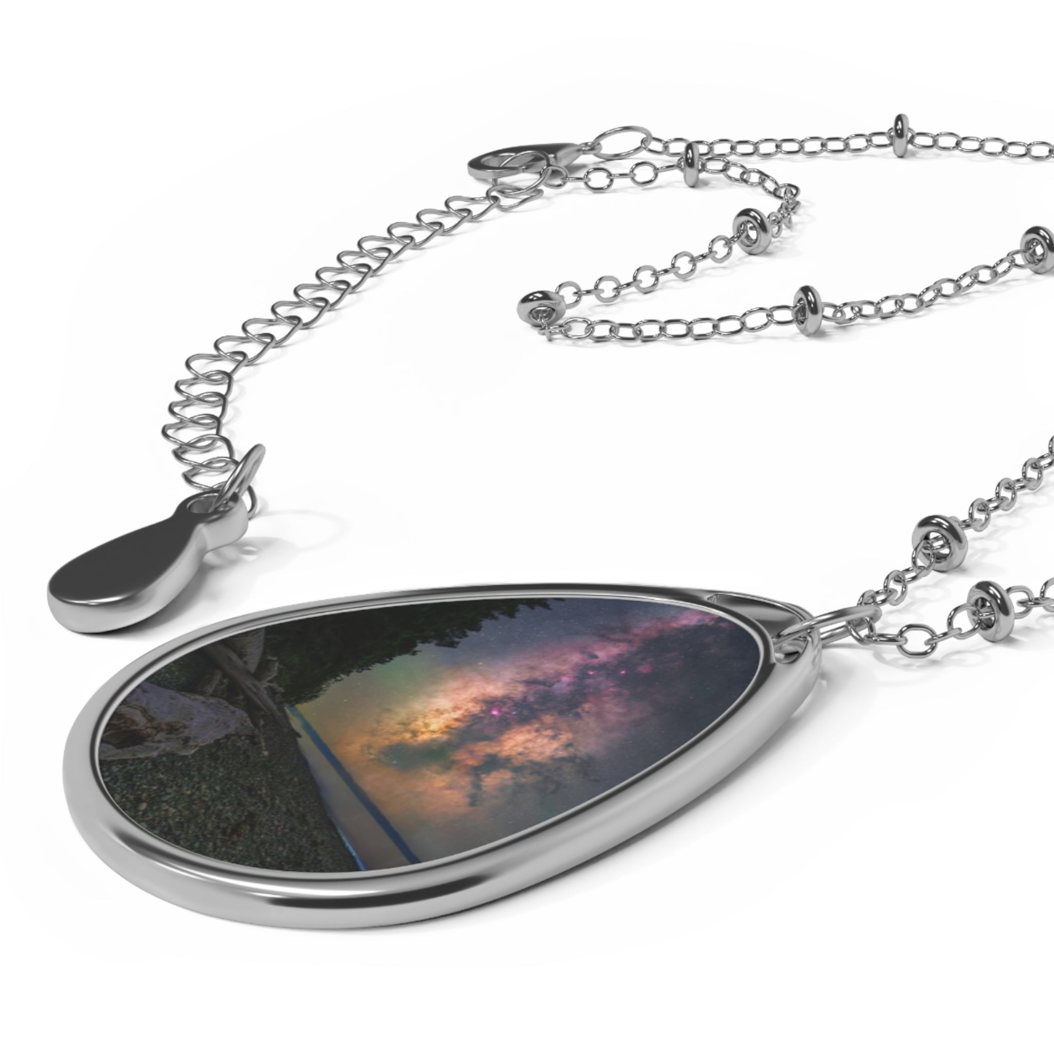 Milky Way Oval Photo Necklace — Sterling Teardrop Pendant with Night Sky Image