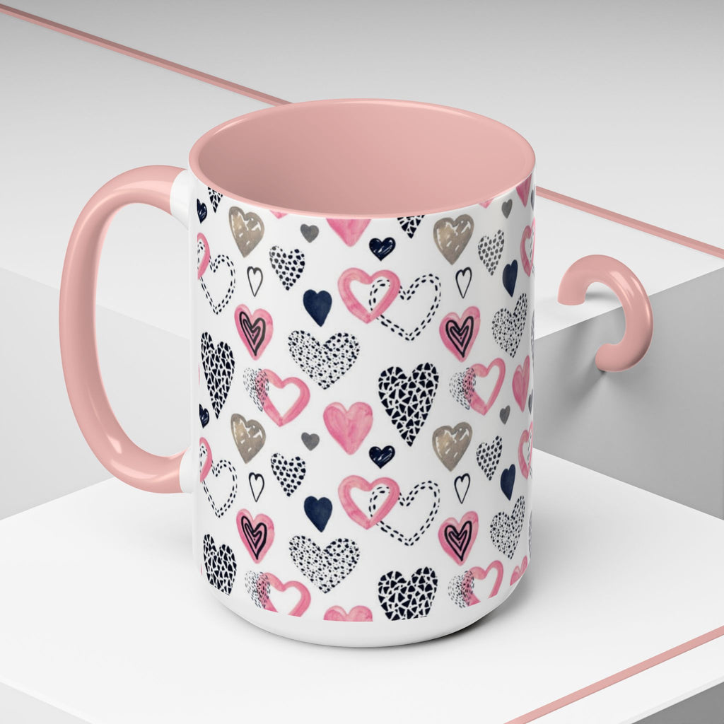 Heart Pattern Accent Coffee Mug — Pink & Navy Love Design (11/15 oz)
