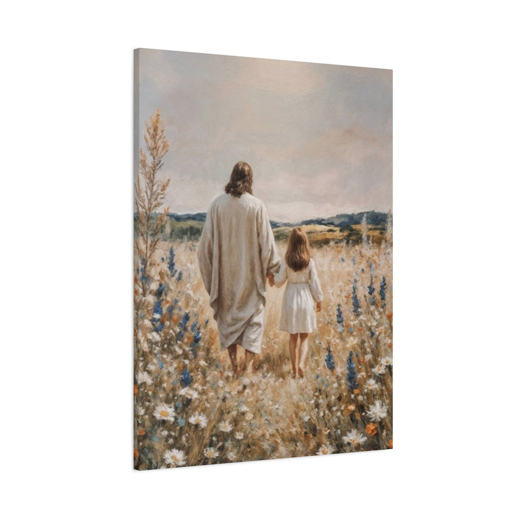 Jesus and Child Walking in Field Canvas Art - Religious Wall Decor
