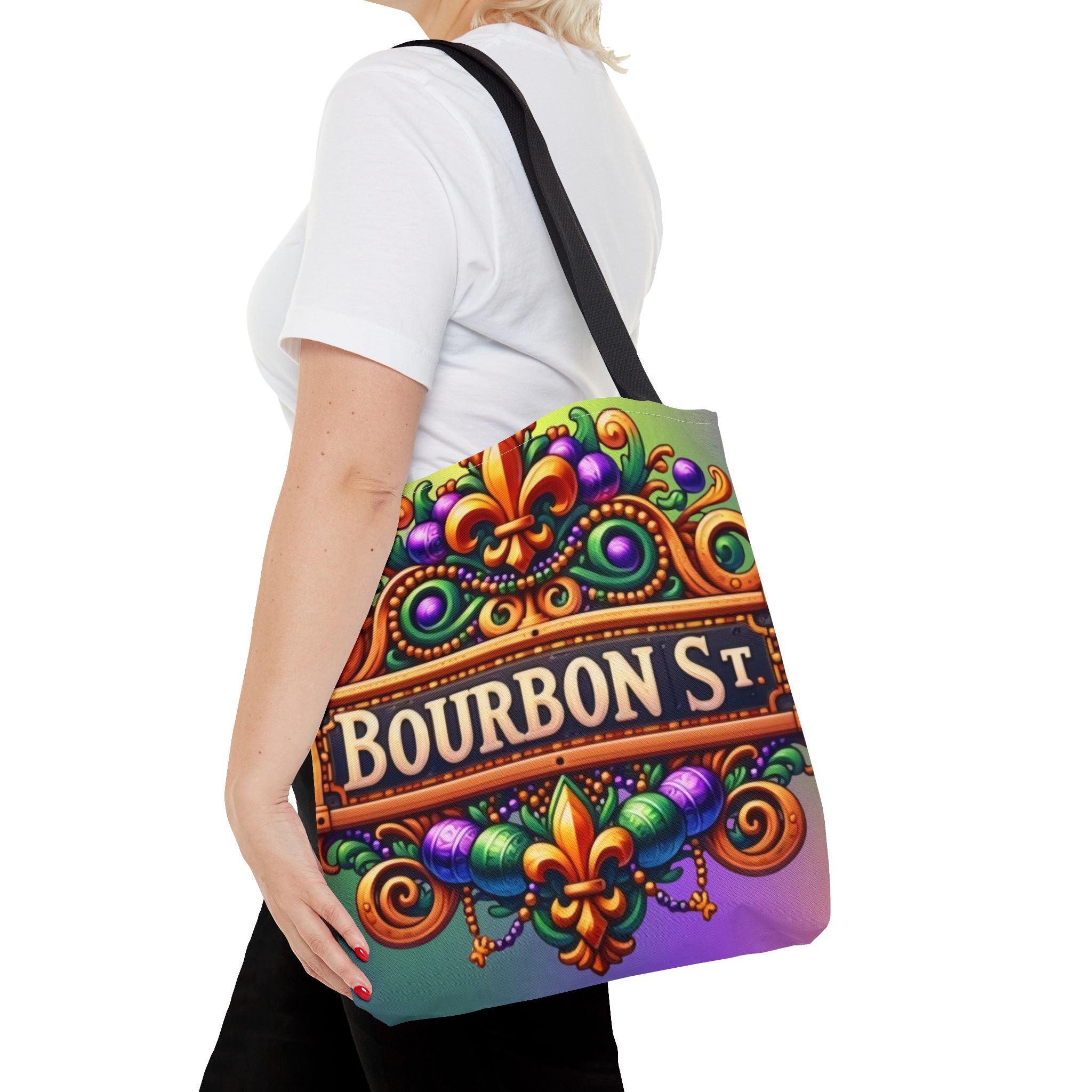 Bourbon St. Parade Tote Bag — Mardi Gras Fleur-de-Lis All-Over Print