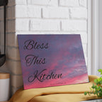 Glass Cutting Board – "Bless This Kitchen" Sunset Sky Decorative Chopping Board