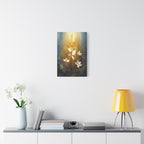 Golden Floral Canvas Print – Abstract White Flowers on Matte Stretched Canvas
