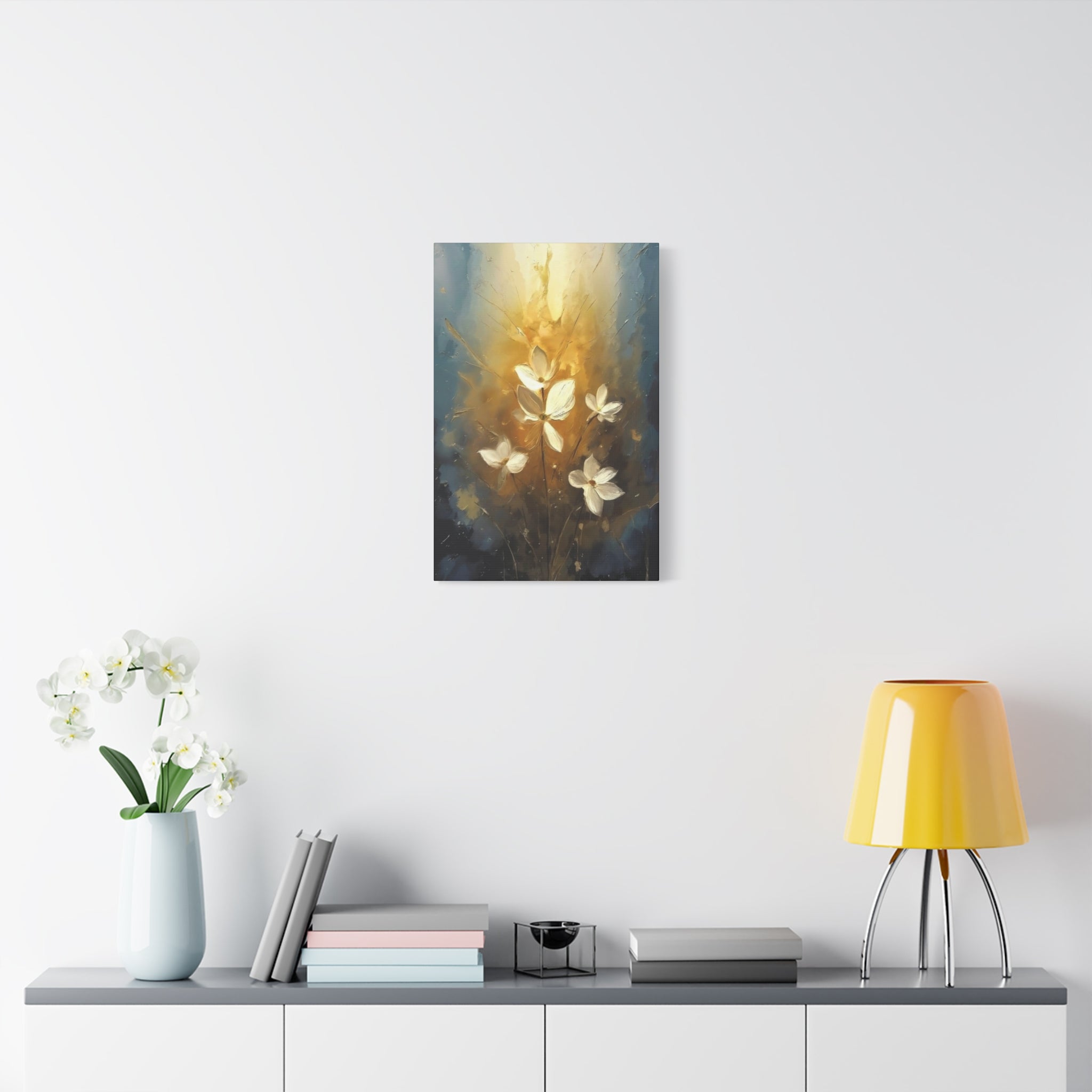 Golden Floral Canvas Print – Abstract White Flowers on Matte Stretched Canvas