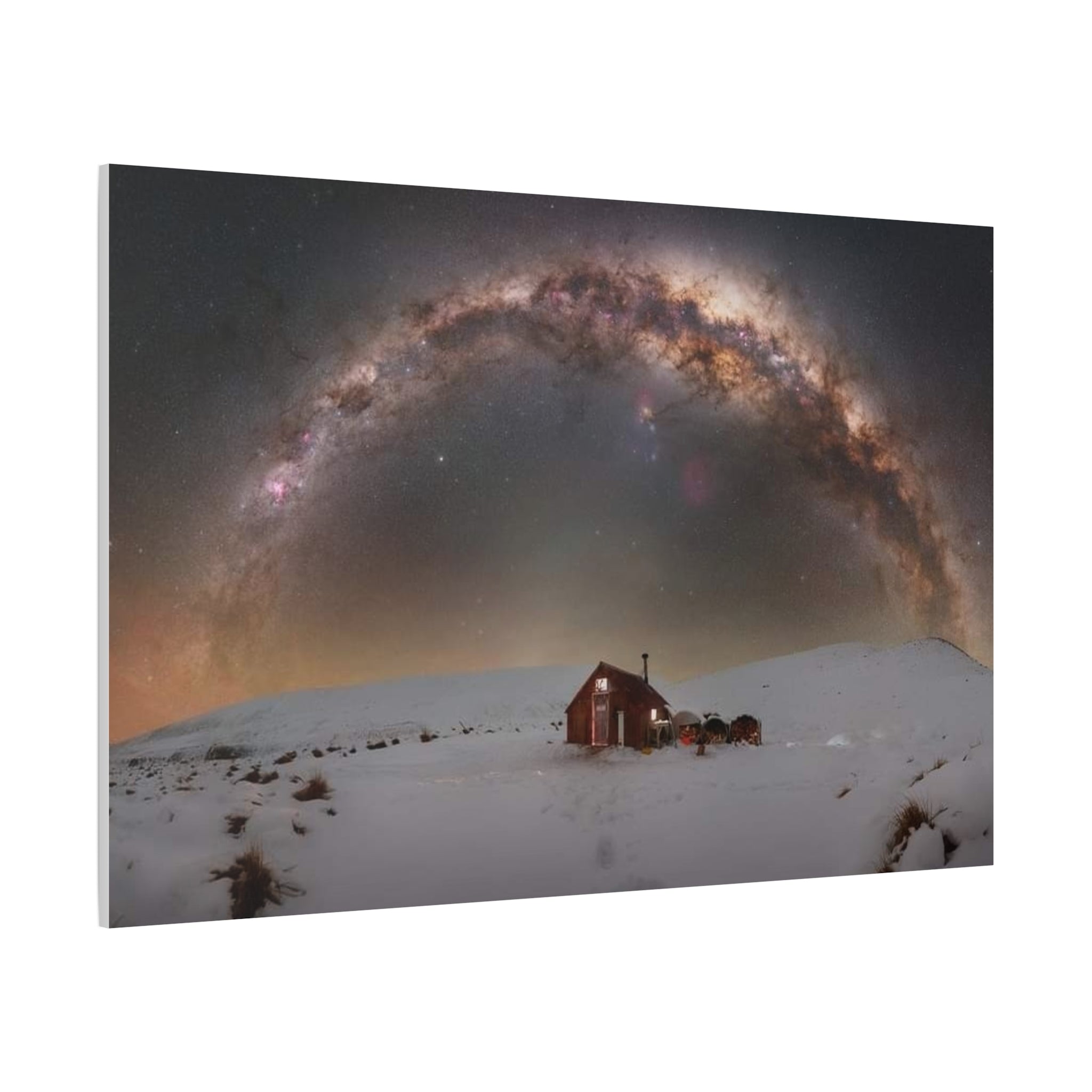 Milky Way Over Snowy Cabin — Matte Stretched Canvas Wall Art