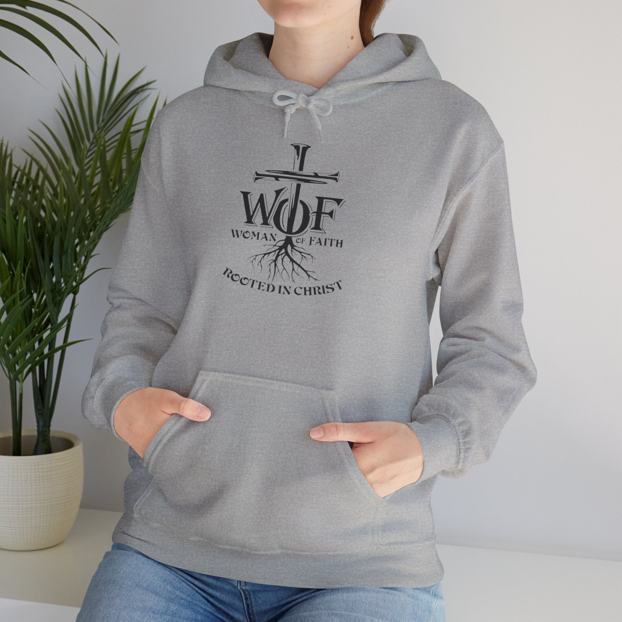 Hoodie — "W.O.F. Woman of Faith" Cross Christian Graphic Pullover