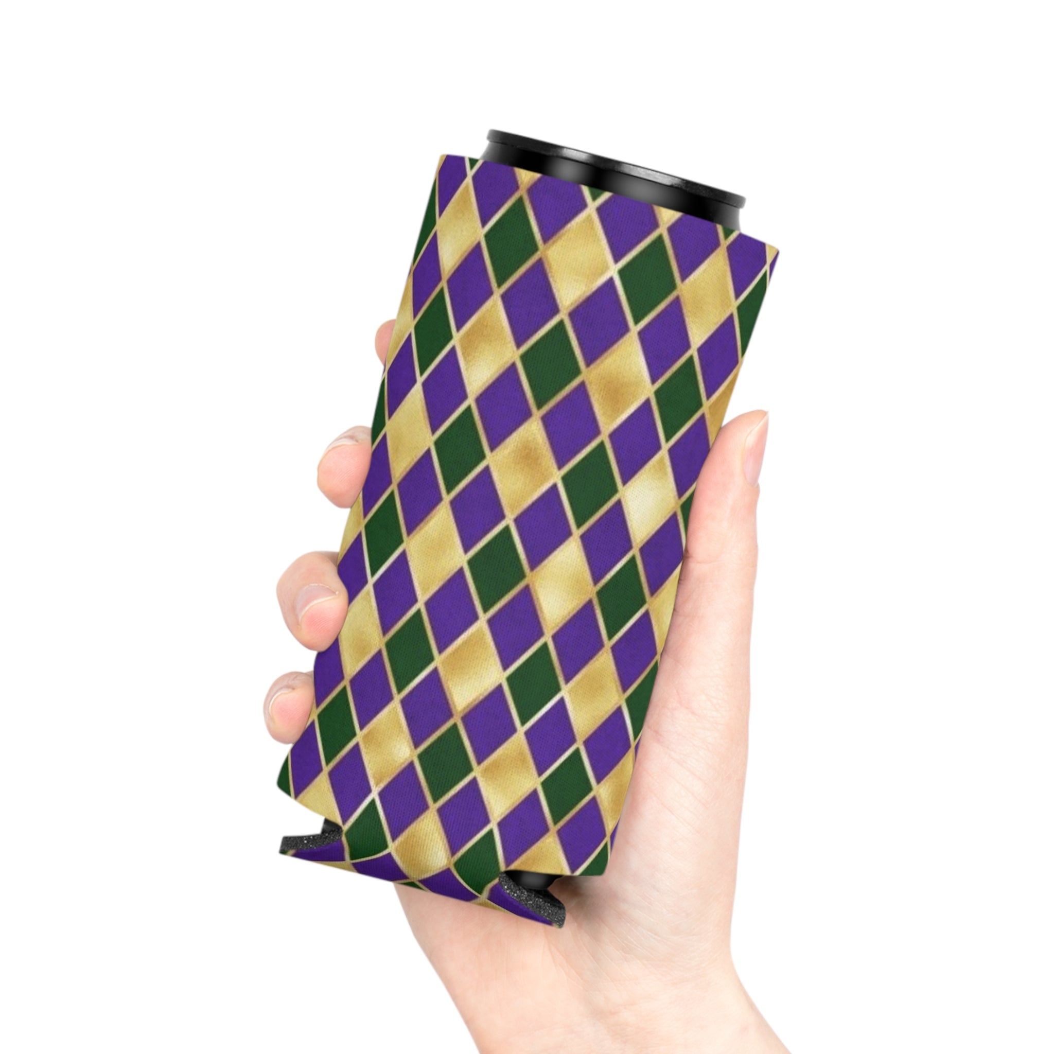 Mardi Gras Diamond Can Cooler — Purple Green Gold Beverage Koozie