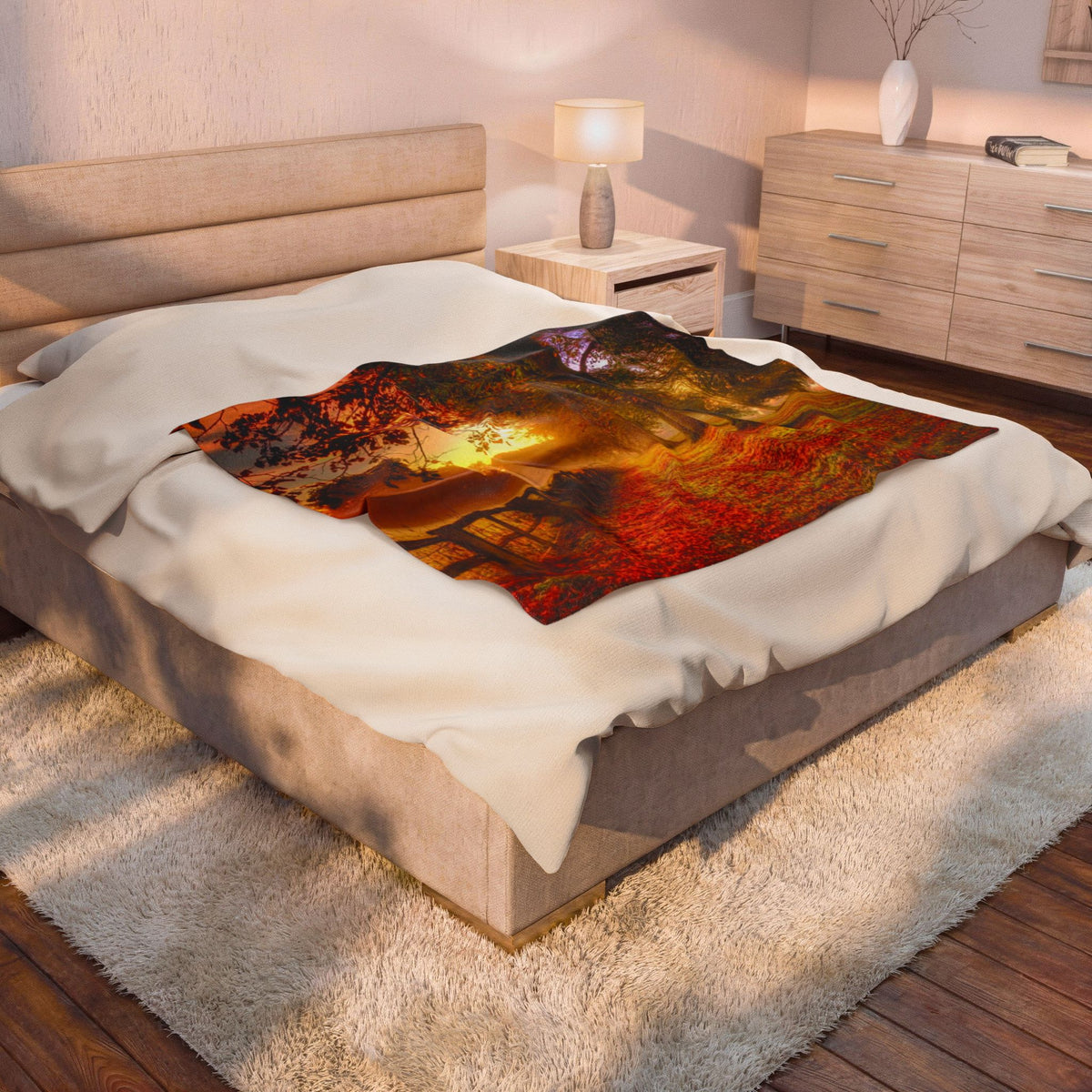 Velveteen Plush Blanket – Golden Autumn Forest Sunset Landscape