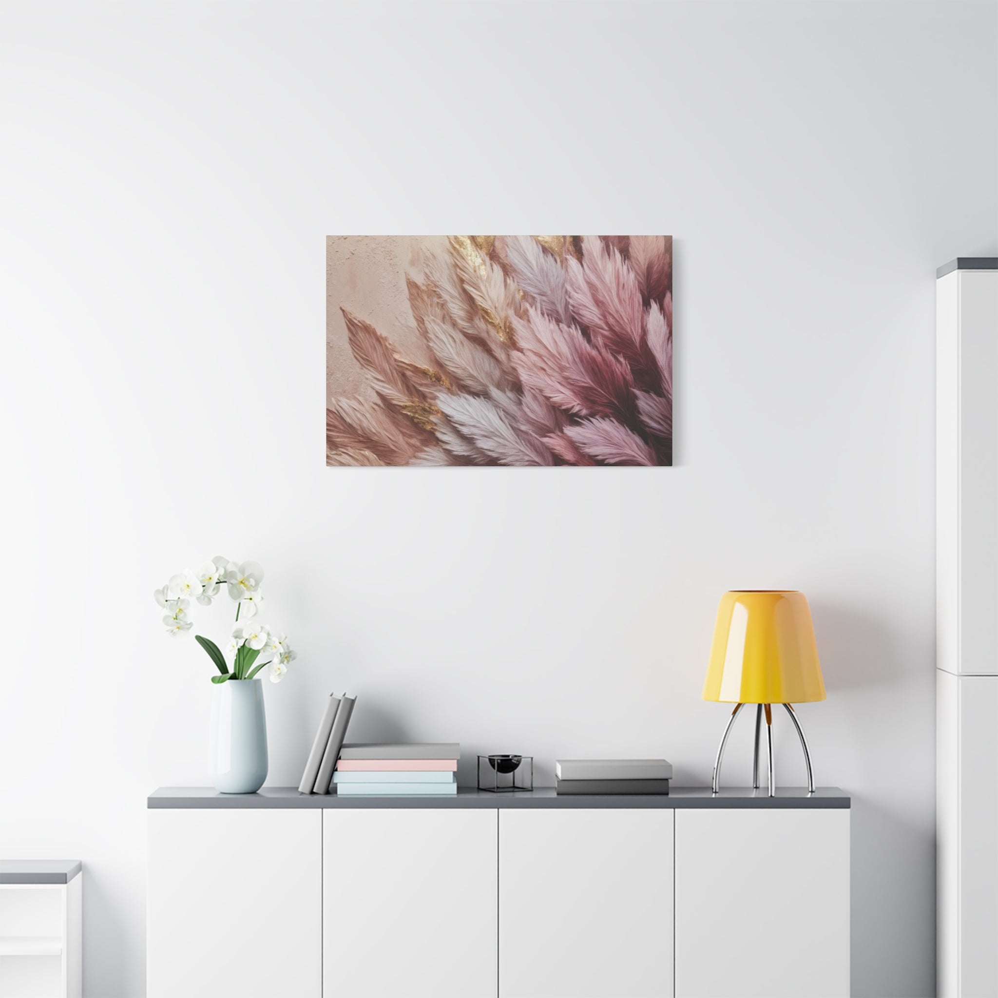 Feathered Pampas Wall Art Canvas — Blush Pink Botanical Decor, Matte Stretched 1.25"