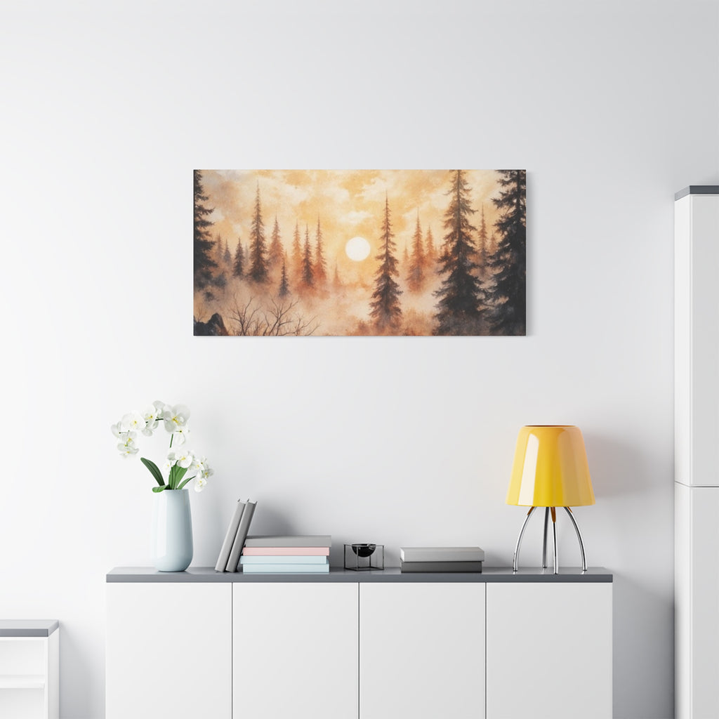 Canvas Wall Art - Misty Pine Forest Sunrise Matte Stretched Canvas