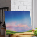 Glass Cutting Board - Pastel Sunrise Landscape with Flying Birds
