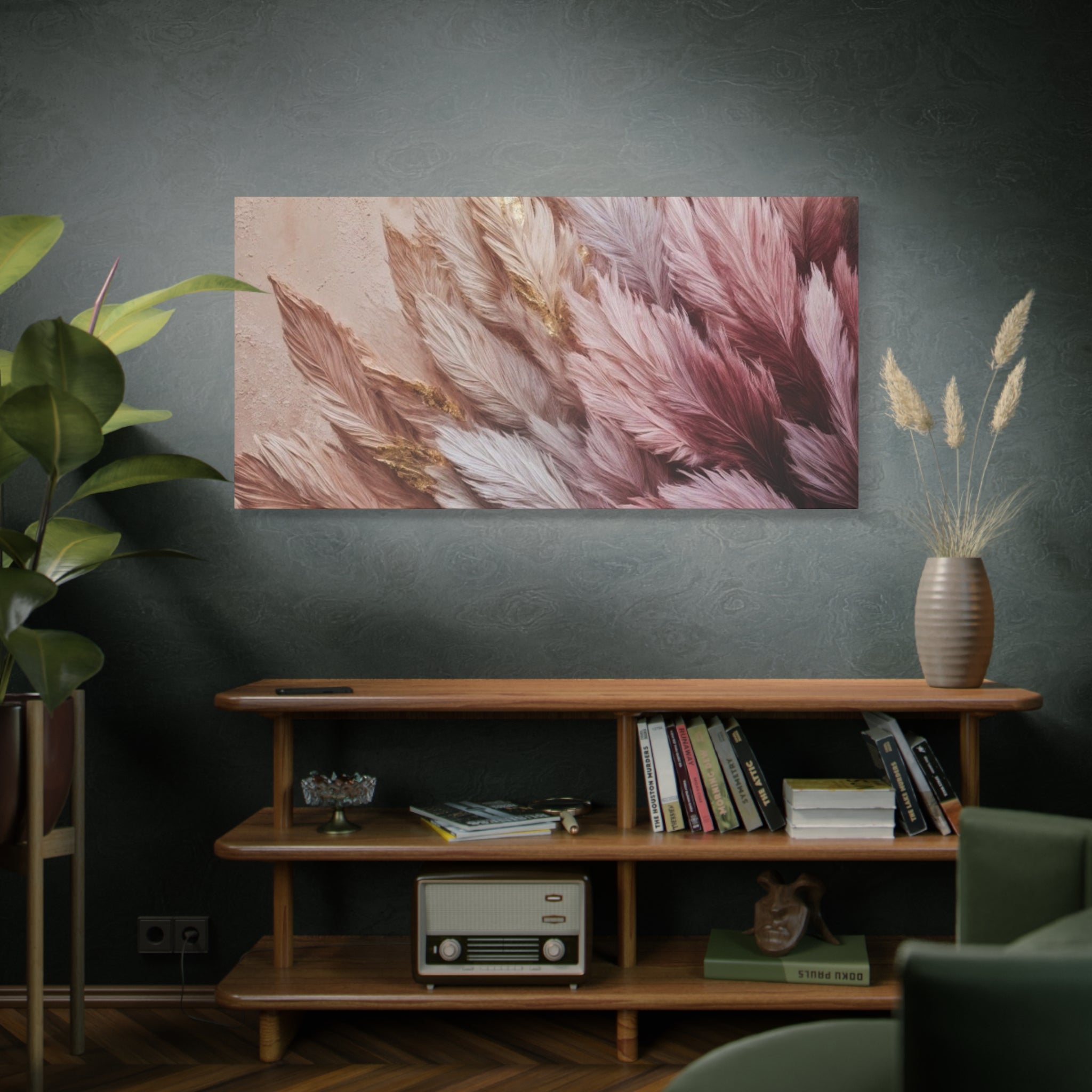 Feathered Pampas Wall Art Canvas — Blush Pink Botanical Decor, Matte Stretched 1.25"