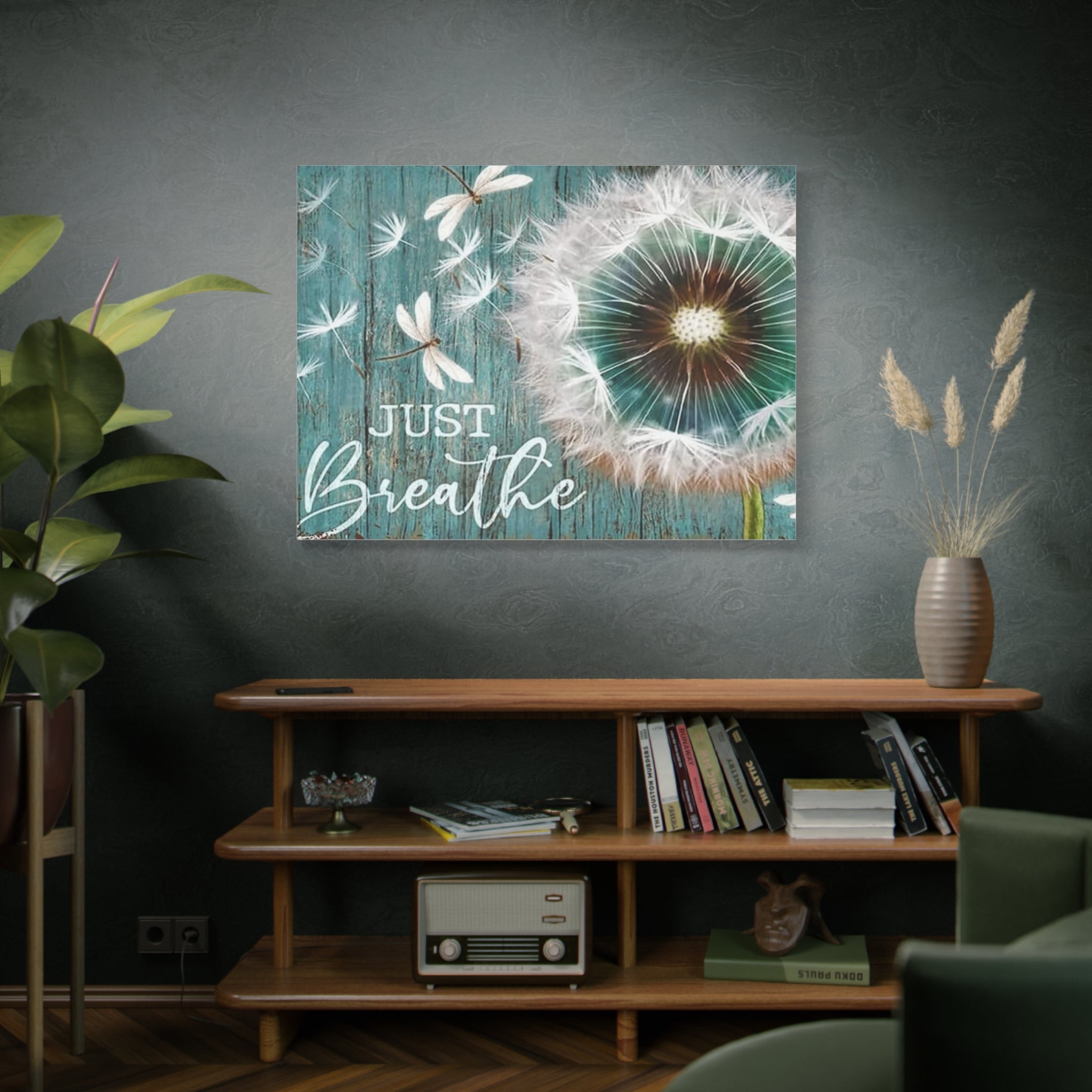 Canvas Wall Art — "Just Breathe" Dandelion Rustic Teal