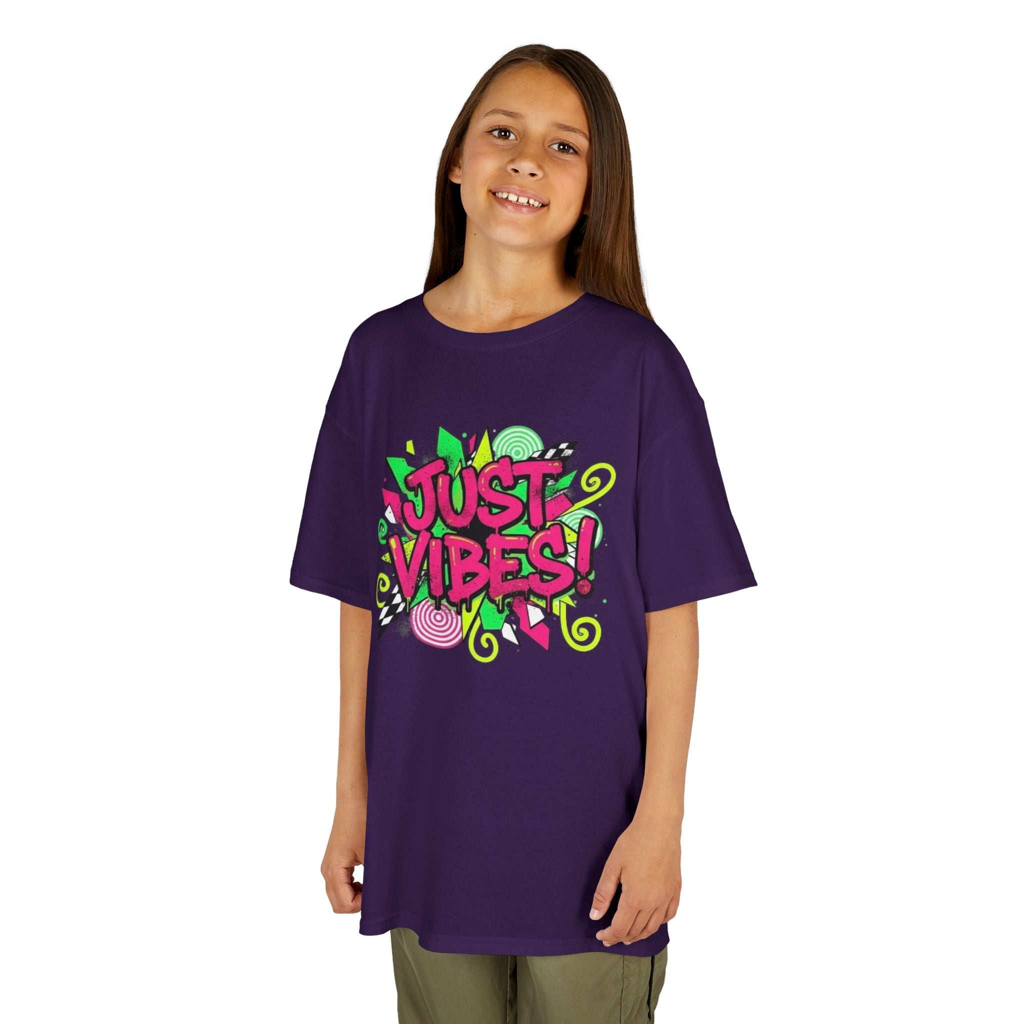 Kids T‑Shirt — "Just Vibes" Neon Graffiti Graphic Tee for Playful, Trendy Kids