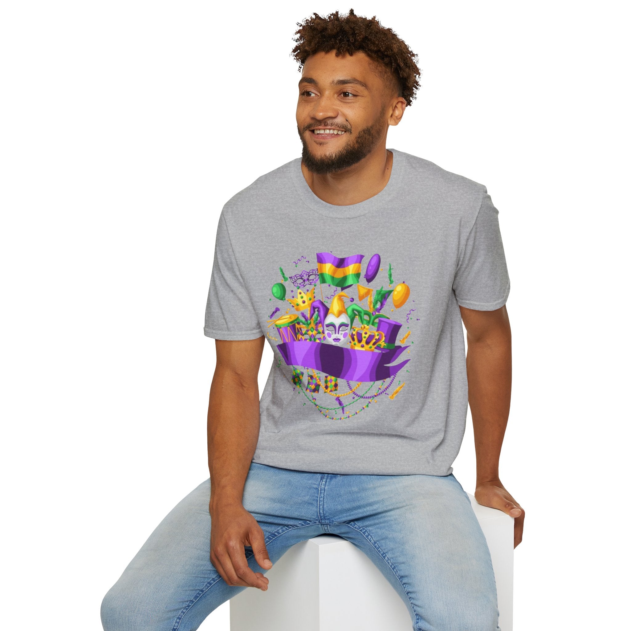 Mardi Gras Carnival T-Shirt — Festive Mask, Beads & Balloon Design
