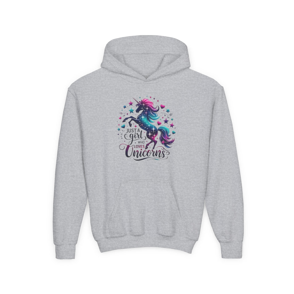 Youth Unicorn Hoodie - "Just a Girl Who Loves Unicorns" Cute Magical Kids Sweatshirt