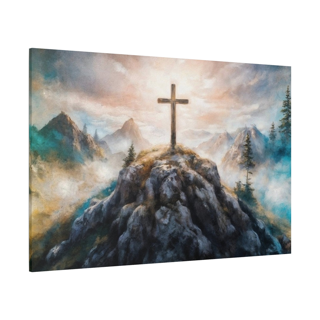 Cross on Mountain Matte Canvas Wall Art — Christian Inspirational Landscape