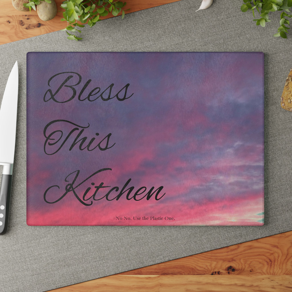 Glass Cutting Board – "Bless This Kitchen" Sunset Sky Decorative Chopping Board