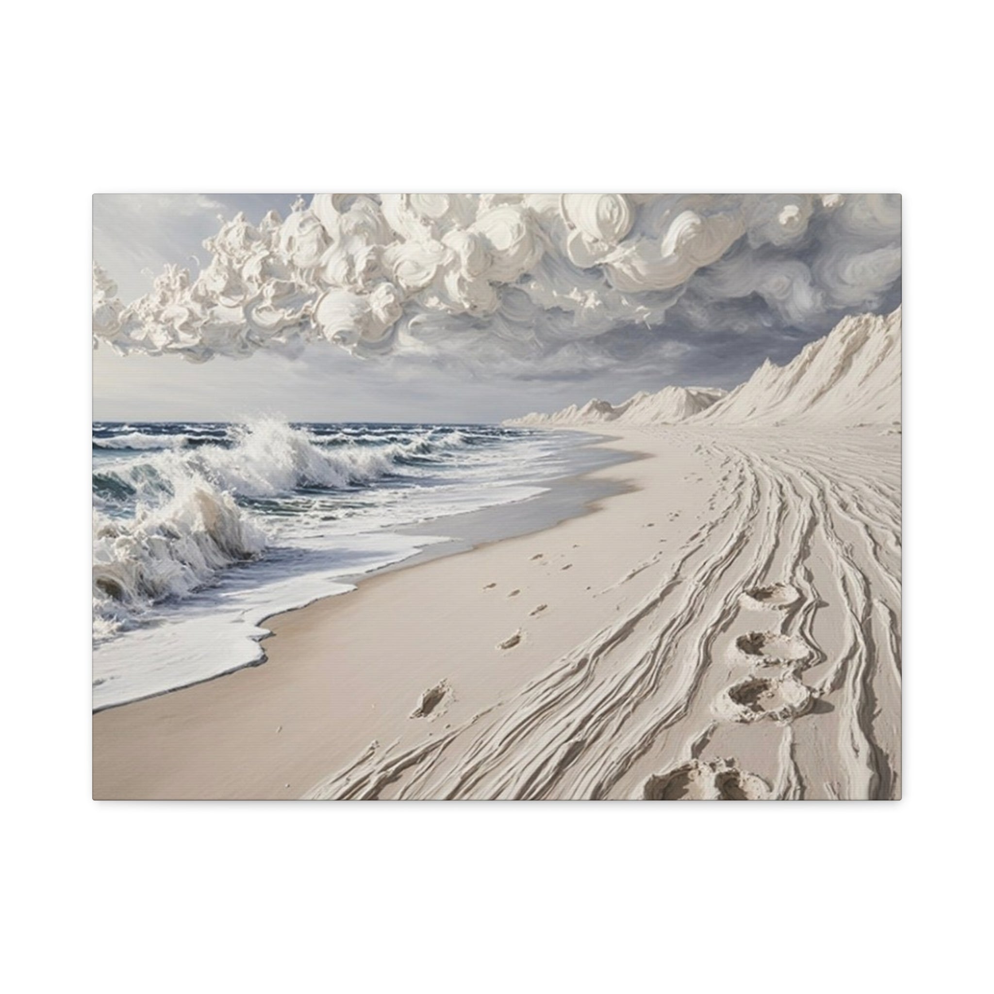 Coastal Serenity Matte Canvas Wall Art — Ocean Waves & Sandy Footprints