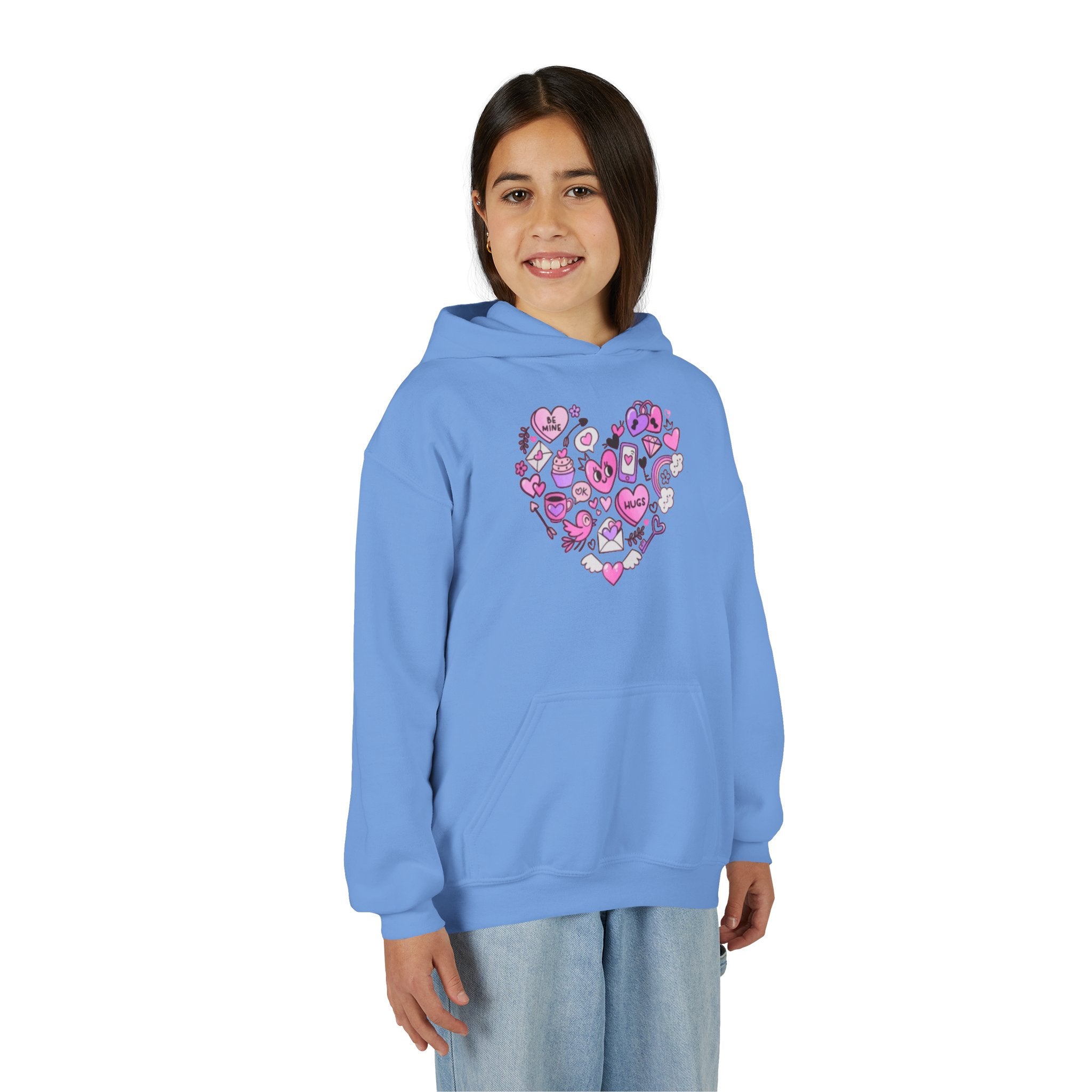 Youth Heart Doodle Hoodie — Pink Valentine Love Graphic Sweatshirt