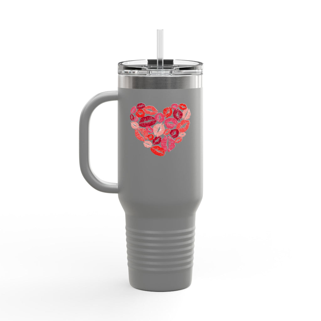 40oz Insulated Travel Mug — Pink Lipstick Kiss Heart Design