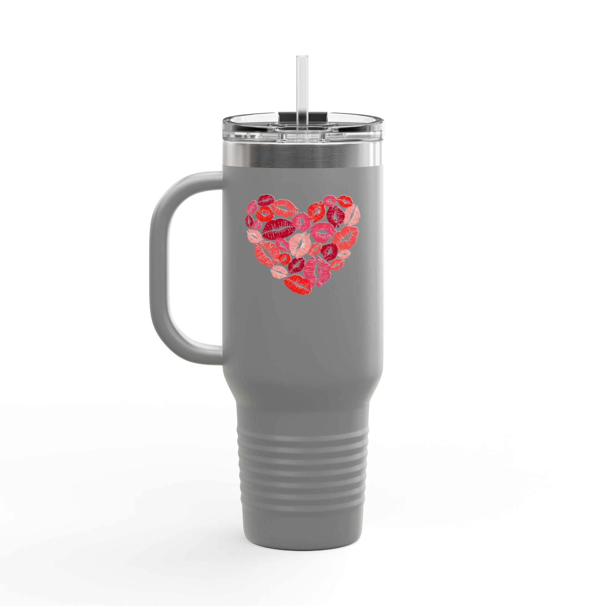 40oz Insulated Travel Mug — Pink Lipstick Kiss Heart Design