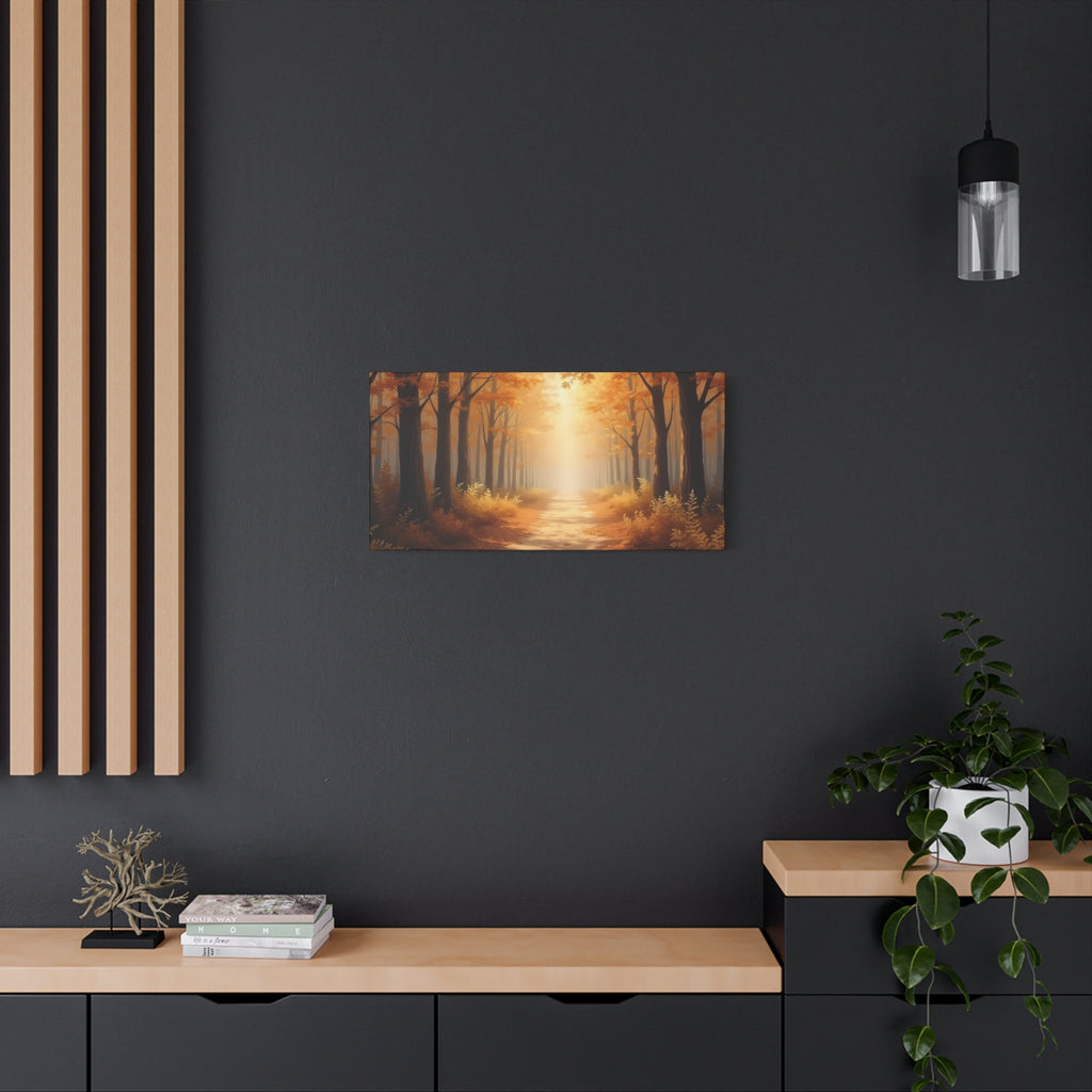 Autumn Forest Path Matte Canvas Wall Art — Golden Sunlit Woodland Scene