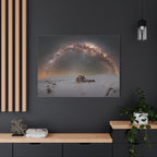 Milky Way Over Snowy Cabin — Matte Stretched Canvas Wall Art