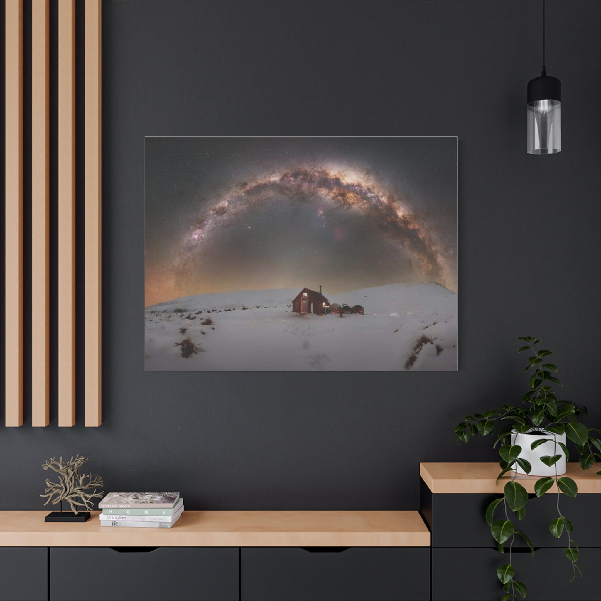 Milky Way Over Snowy Cabin — Matte Stretched Canvas Wall Art
