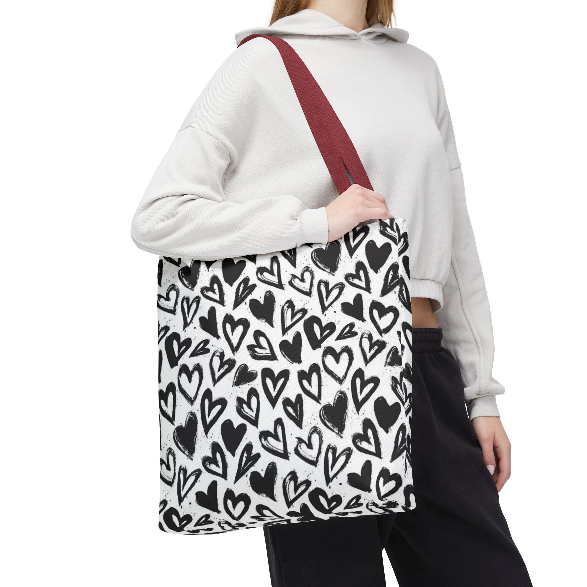 Heart Pattern Tote Bag — Black & White Hand-Drawn Hearts All-Over Print