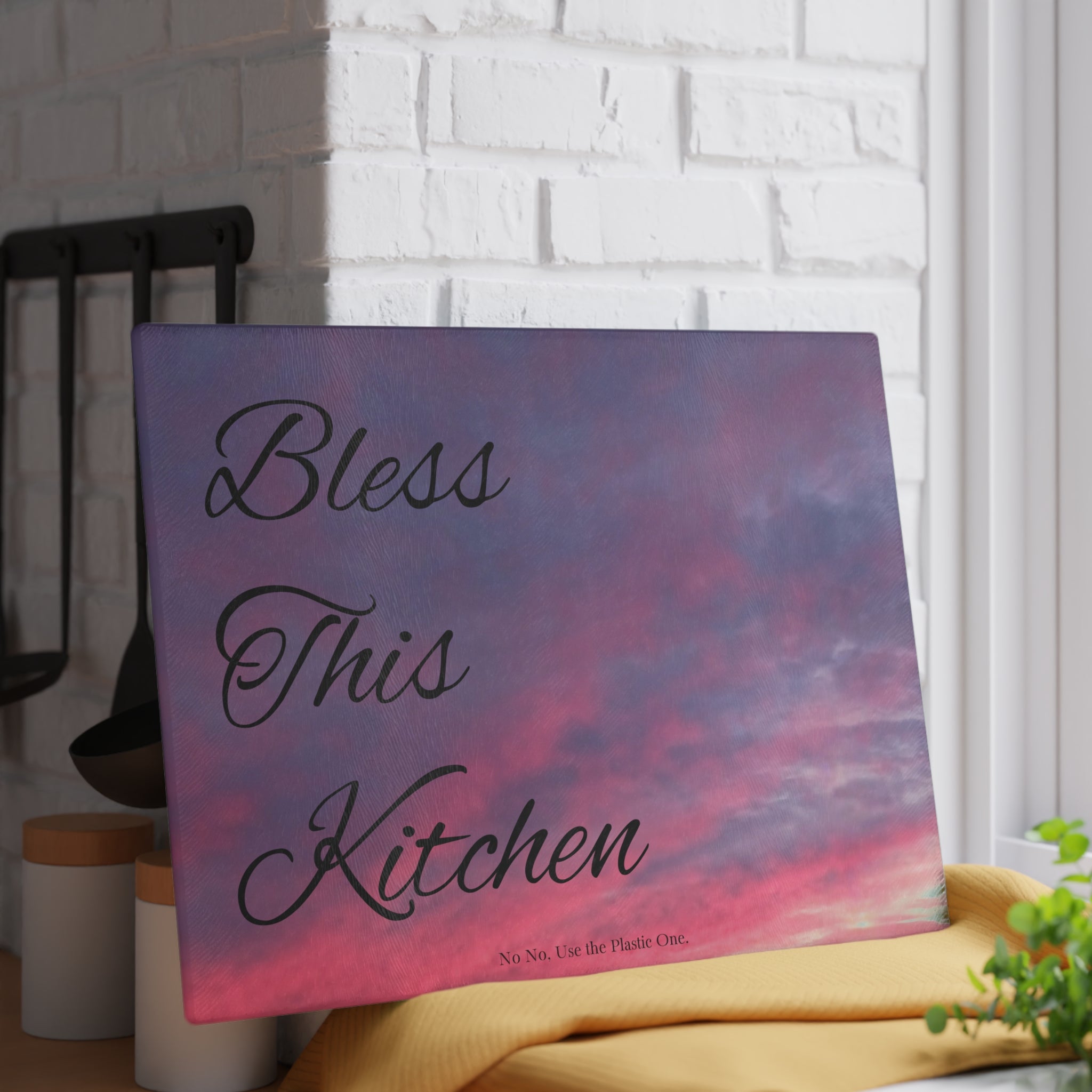 Glass Cutting Board – "Bless This Kitchen" Sunset Sky Decorative Chopping Board
