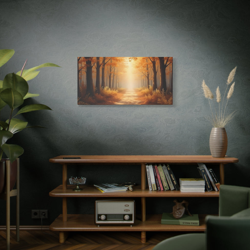 Autumn Forest Path Matte Canvas Wall Art — Golden Sunlit Woodland Scene