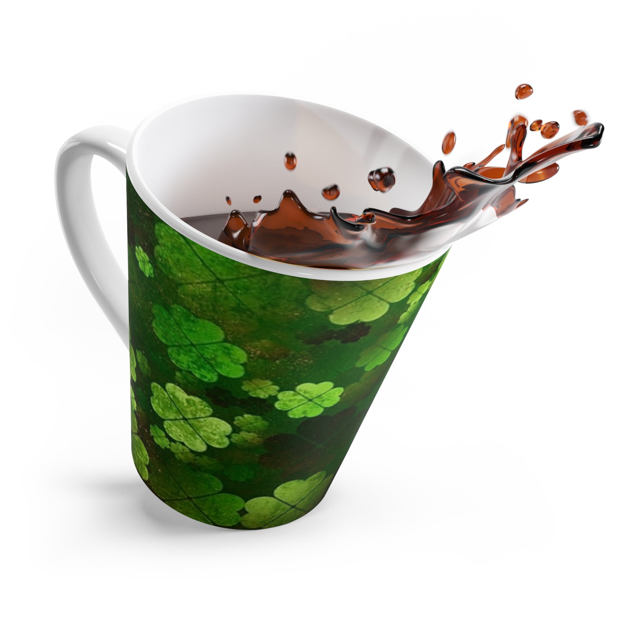 St. Patrick’s Clover Latte Mug — Green Four-Leaf Shamrock Pattern
