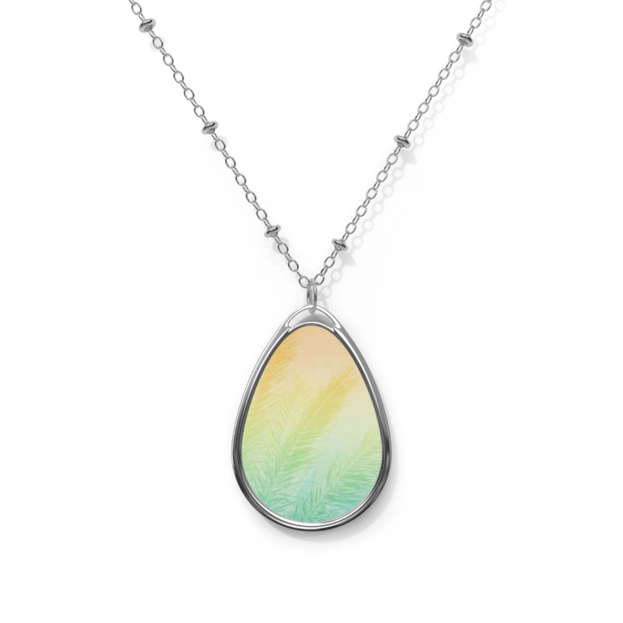 Oval Pendant Necklace — Pastel Feather Teardrop Jewelry