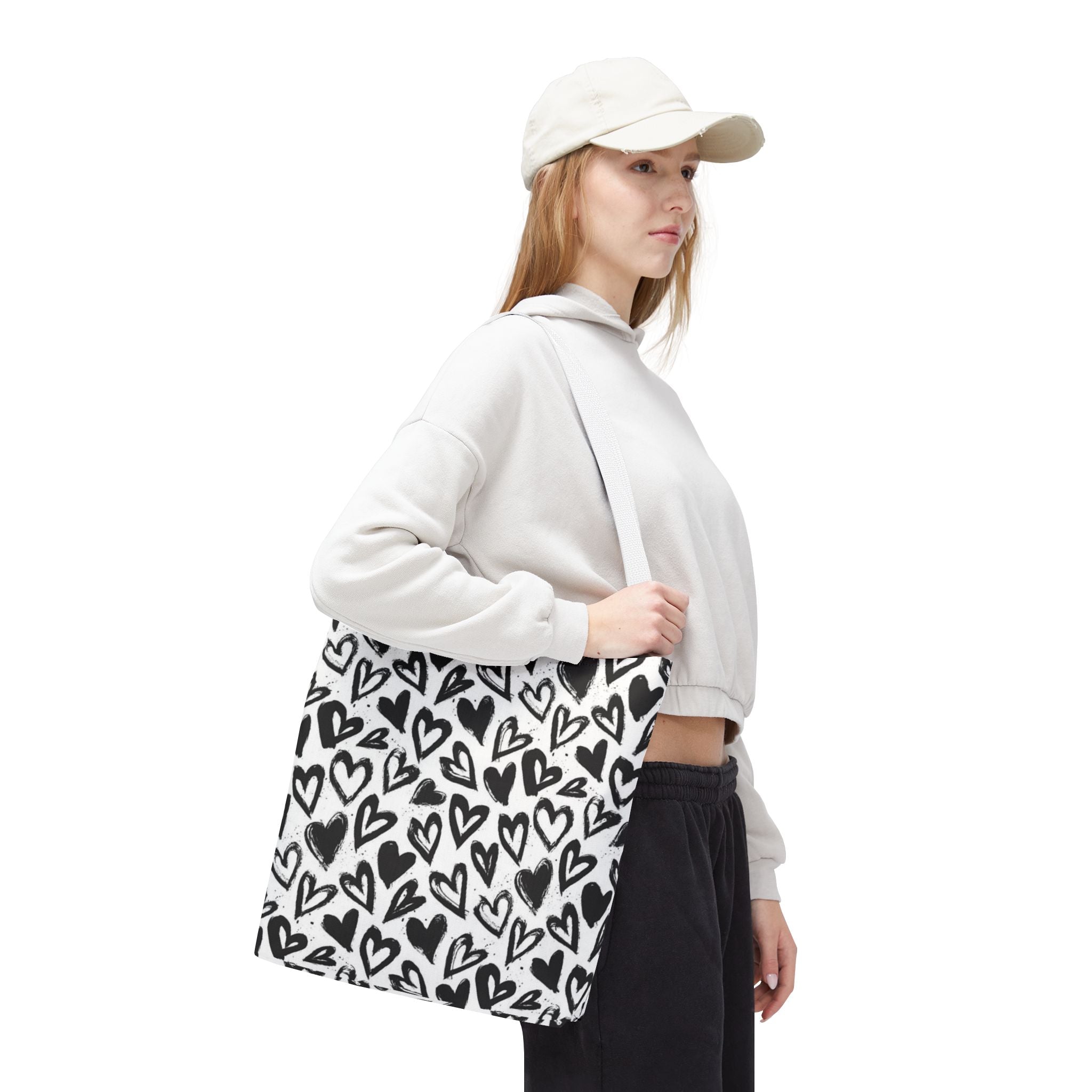 Heart Pattern Tote Bag — Black & White Hand-Drawn Hearts All-Over Print