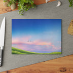 Glass Cutting Board - Pastel Sunrise Landscape with Flying Birds