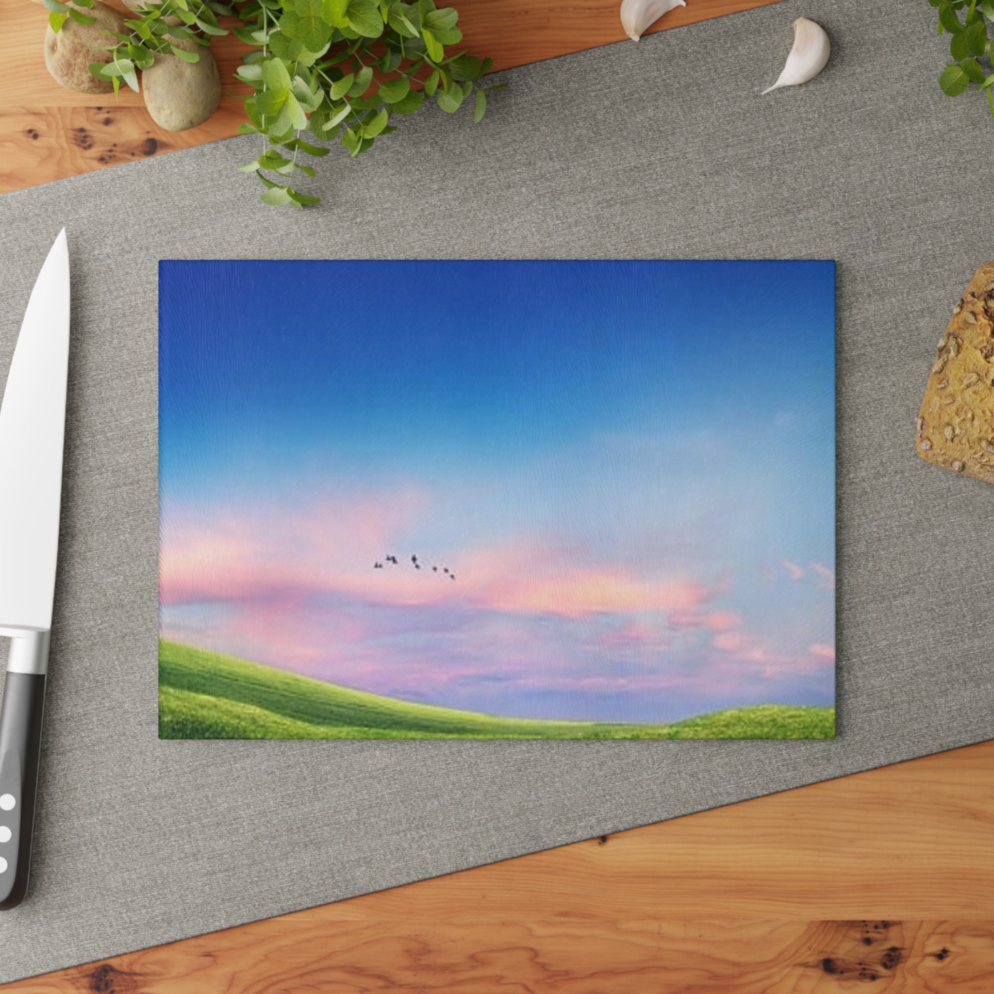 Glass Cutting Board - Pastel Sunrise Landscape with Flying Birds