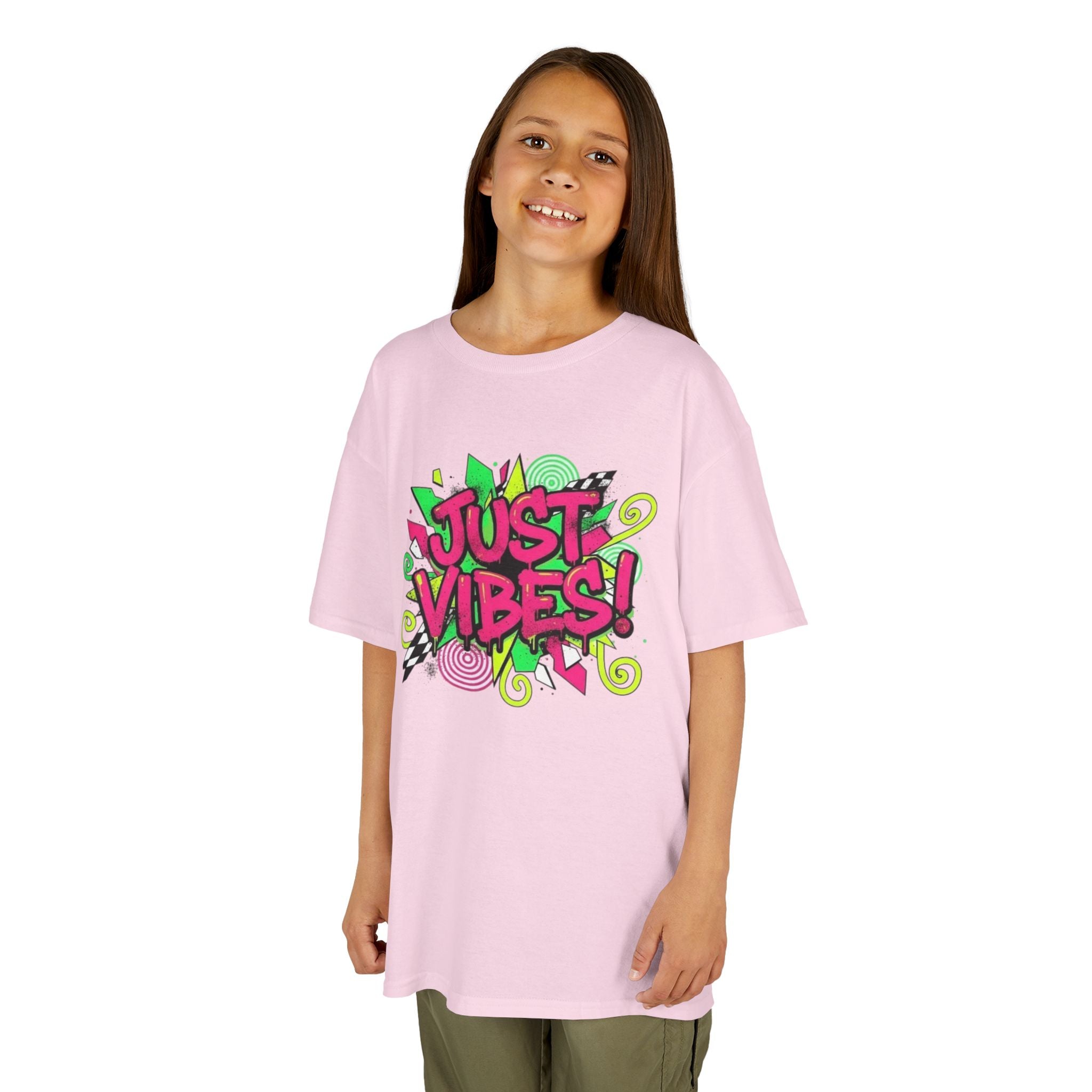 Kids T‑Shirt — "Just Vibes" Neon Graffiti Graphic Tee for Playful, Trendy Kids