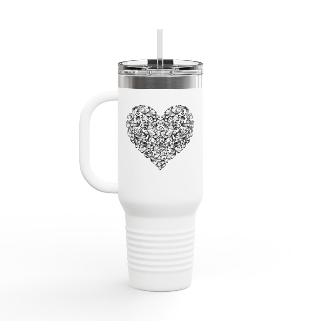 40oz Insulated Travel Mug — Silver Doodle Heart Design