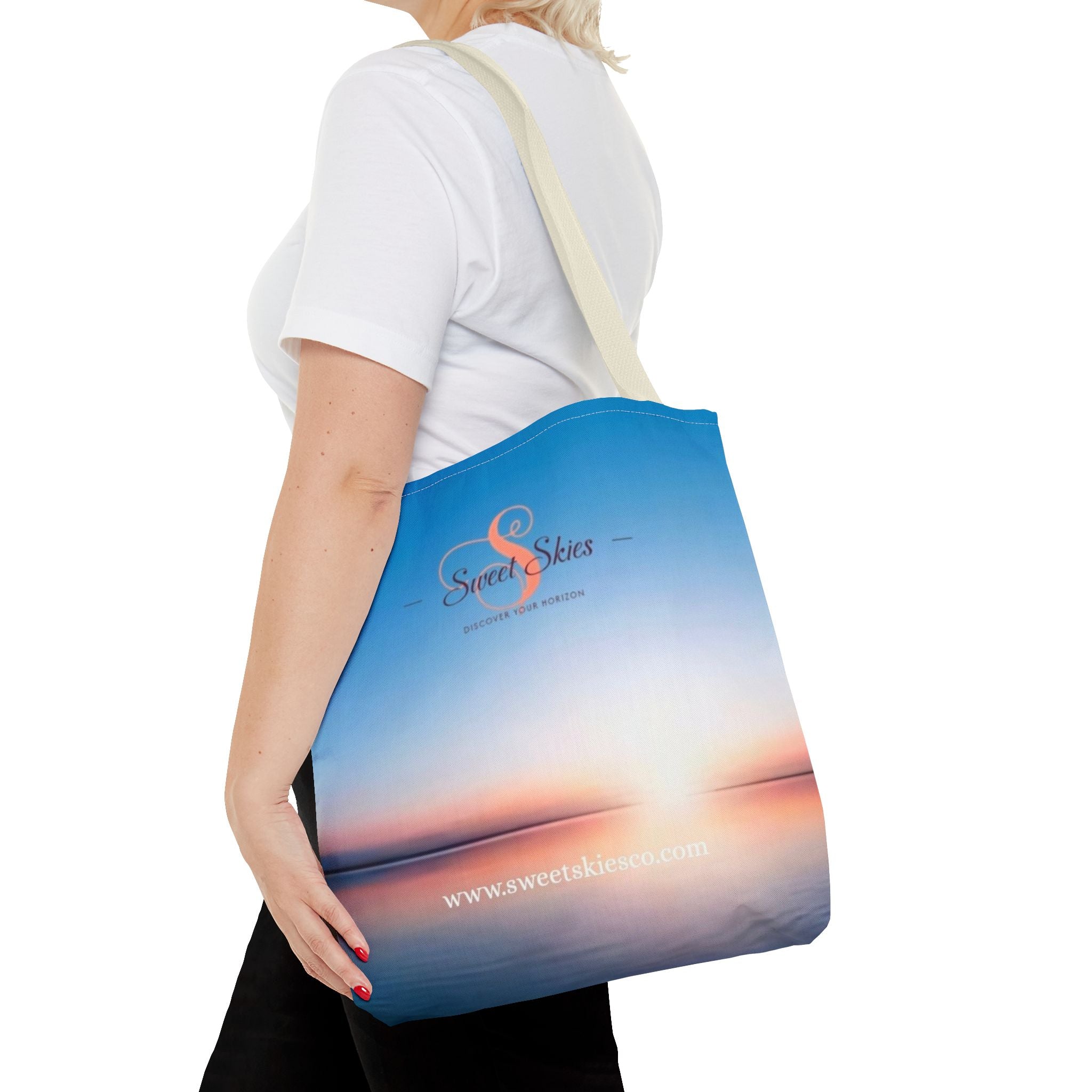 Sunset Beach Tote Bag — Sweet Skies Logo AOP Carryall