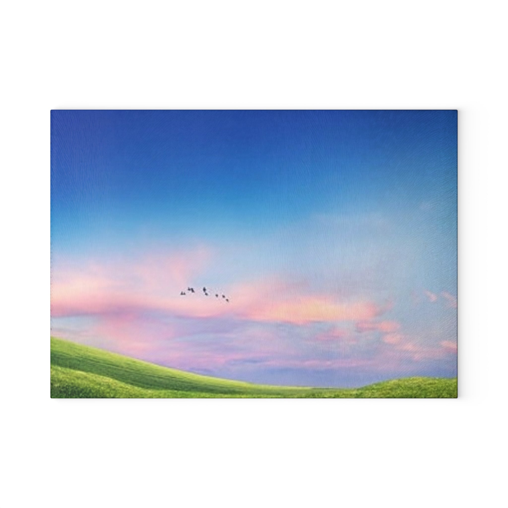 Glass Cutting Board - Pastel Sunrise Landscape with Flying Birds