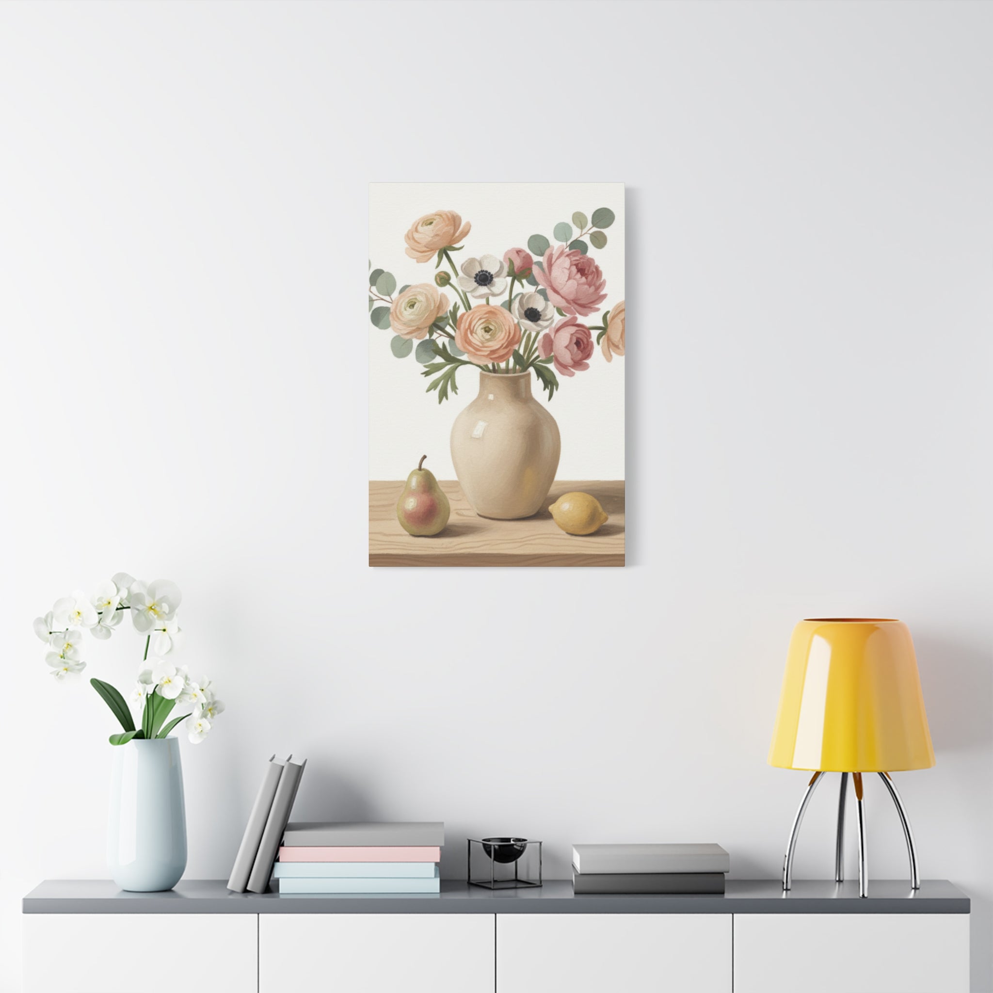 Floral Vase Canvas Wall Art — Pastel Peonies & Ranunculus Stretched Print