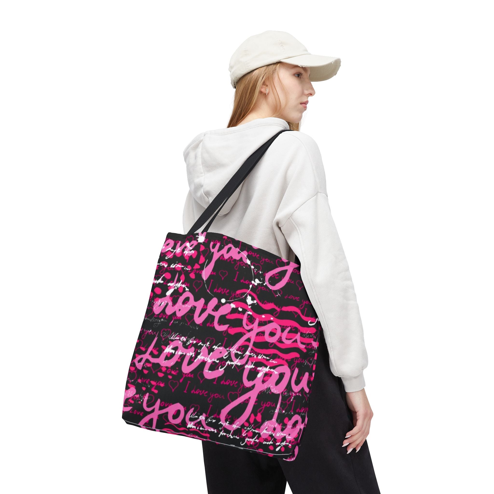 Love You Script Pattern Tote Bag – Pink Graffiti All-Over Print