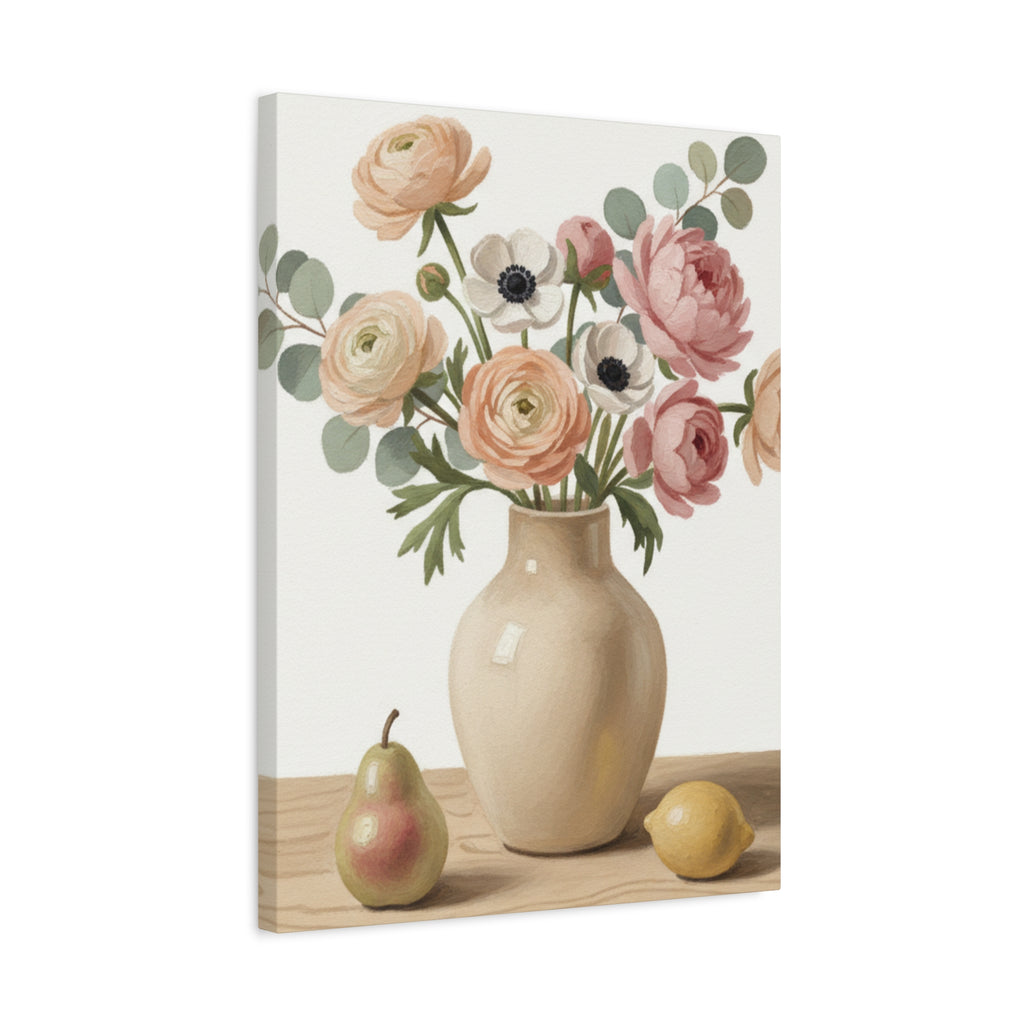 Floral Vase Canvas Wall Art — Pastel Peonies & Ranunculus Stretched Print