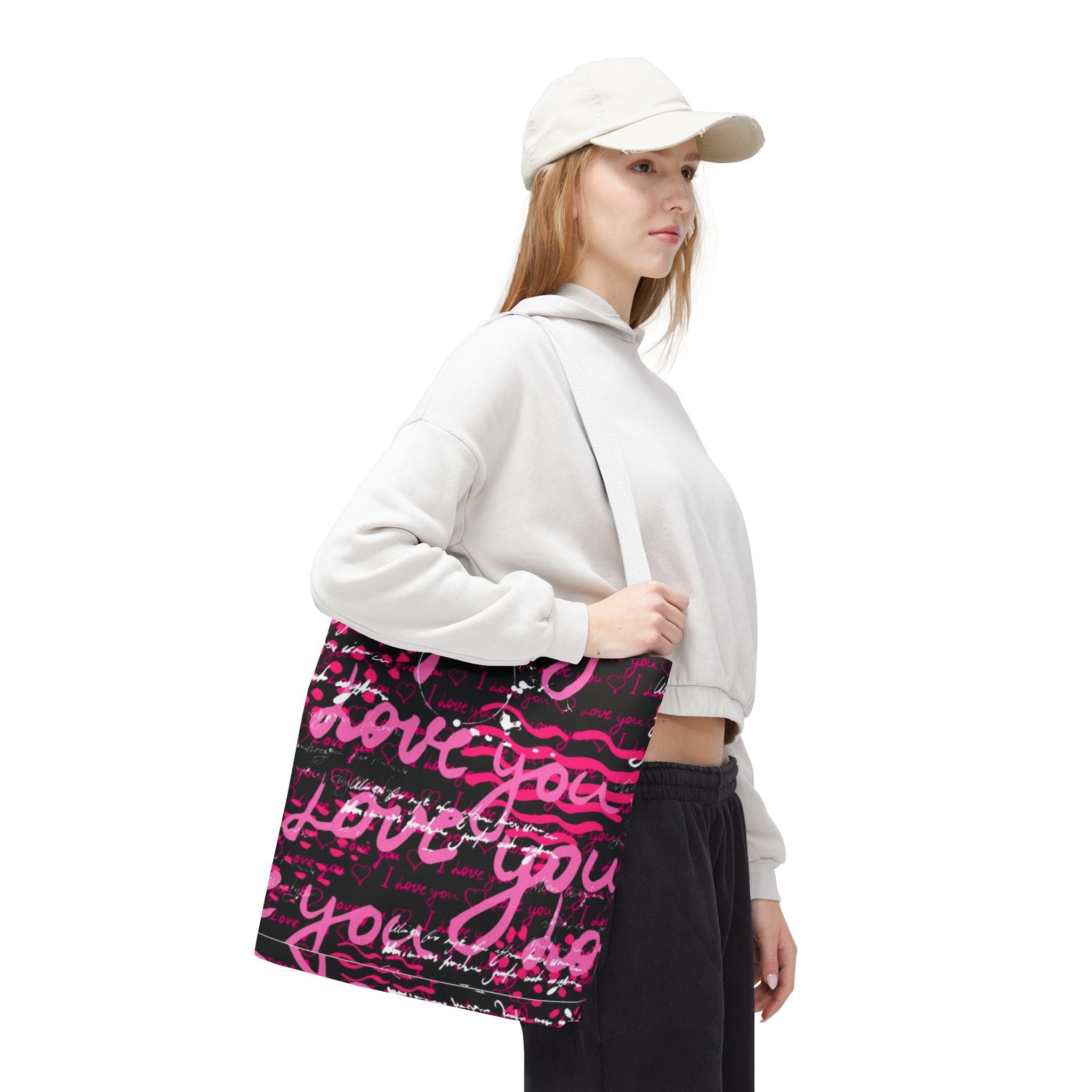 Love You Script Pattern Tote Bag – Pink Graffiti All-Over Print