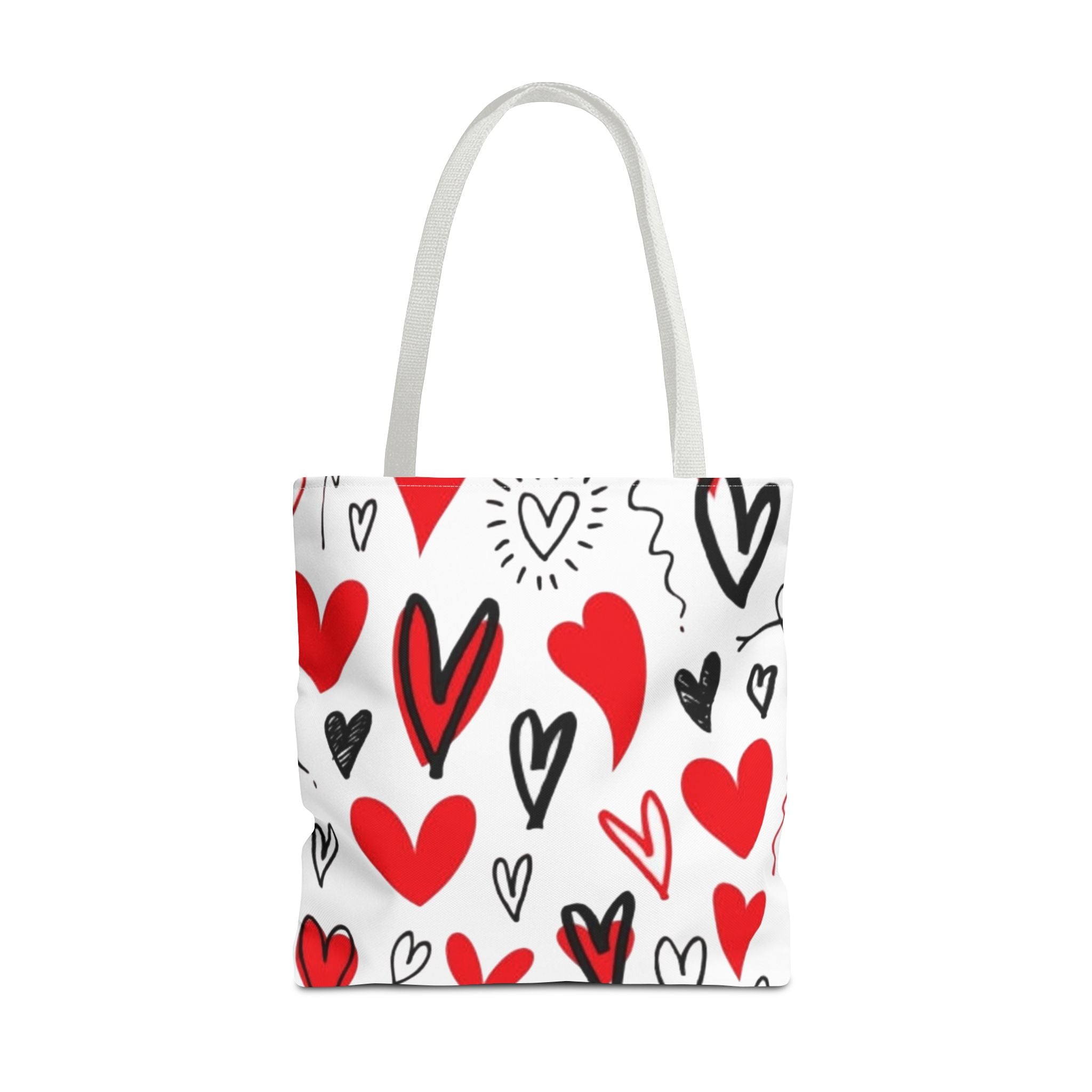 Heart Pattern Tote Bag — Red & Black Doodle Hearts All-Over Print